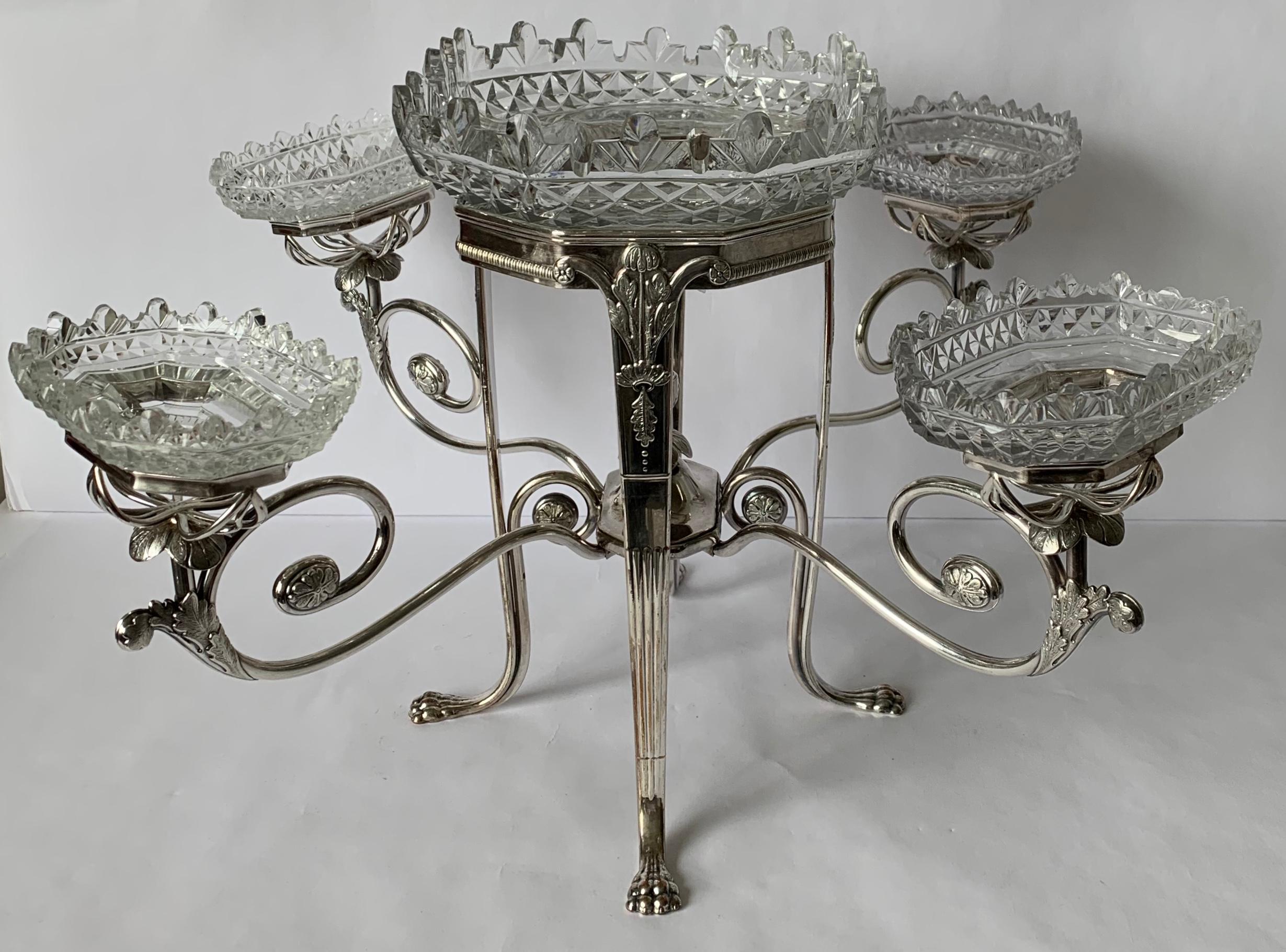 Antique English Silver Plated and Cut Glass Epergne For Sale 9