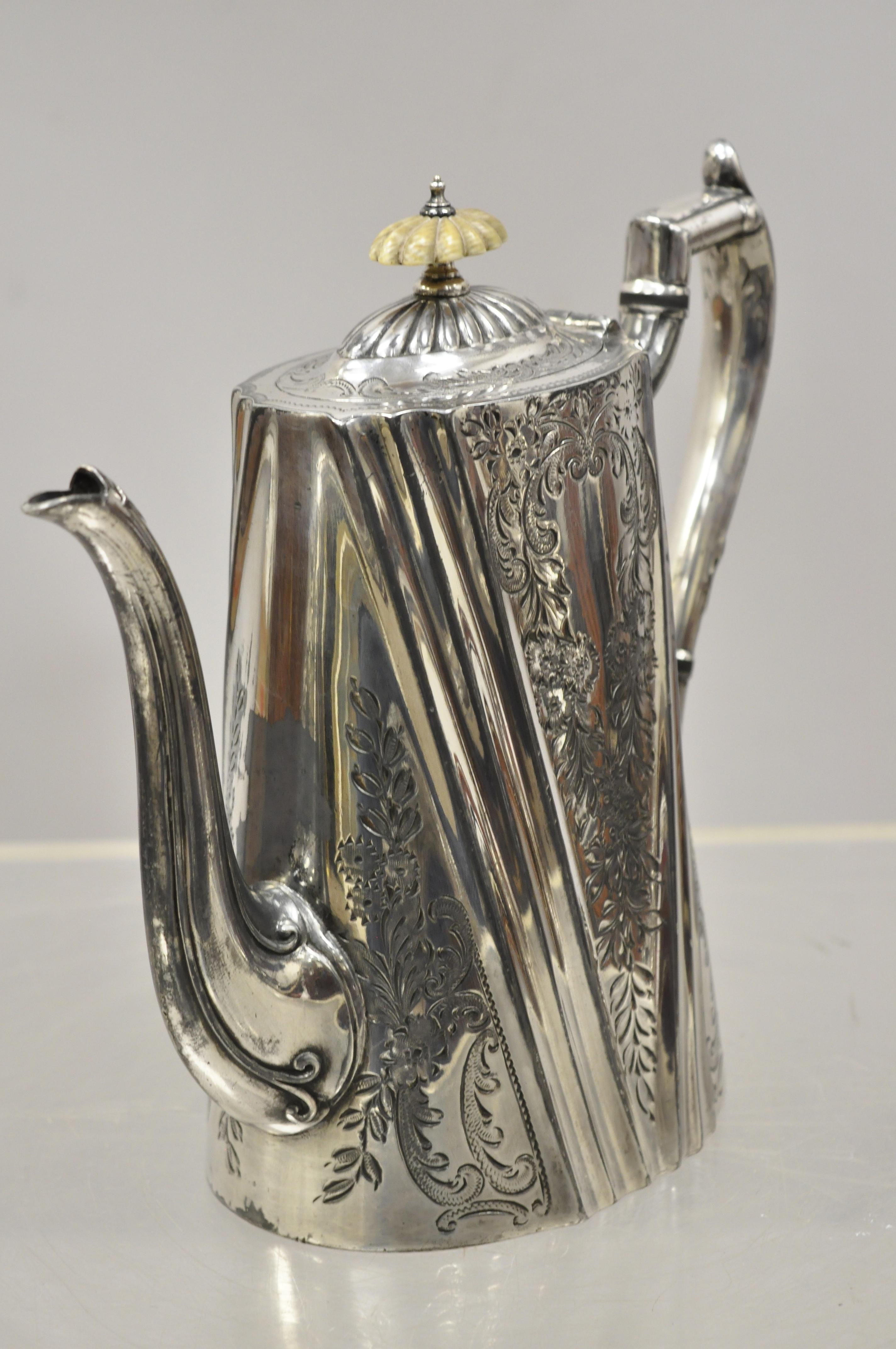 Antique English Silver Plate Edwardian Victorian Bone Handle Floral Coffee Pot D For Sale 5