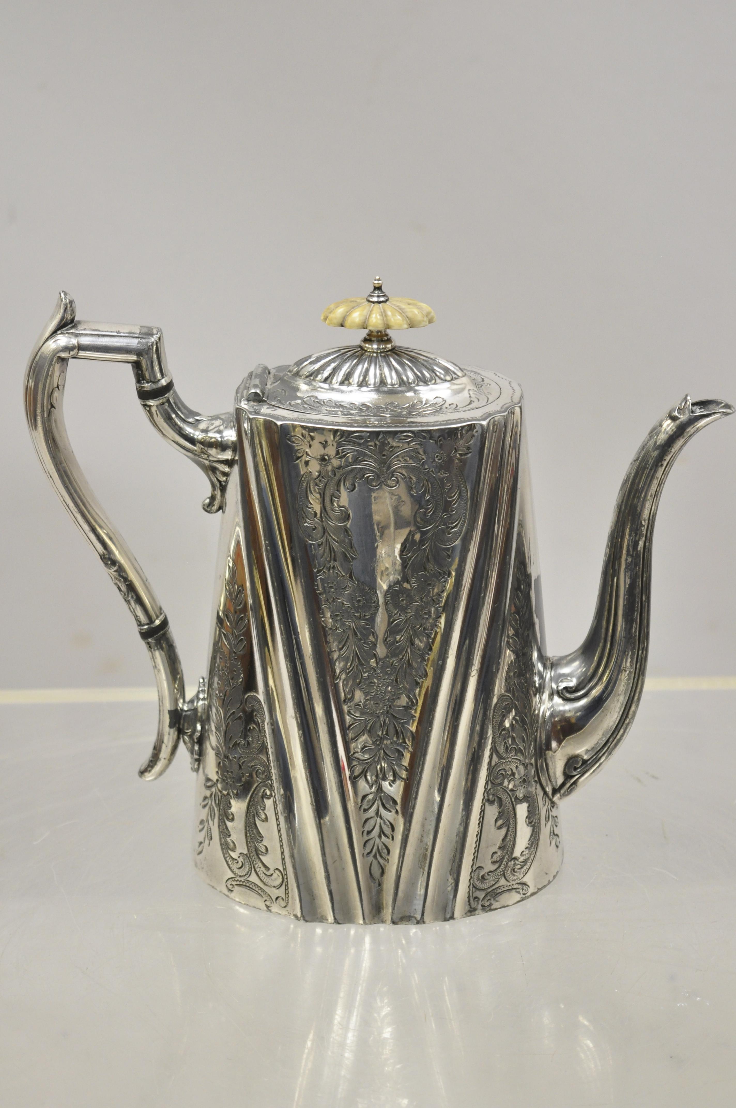 Antique English silver plated Edwardian Victorian bone handle floral coffee pot (D). Item features bone handle, floral scrollwork design, circa late 19th-early 20th century. Measurements: 8.5
