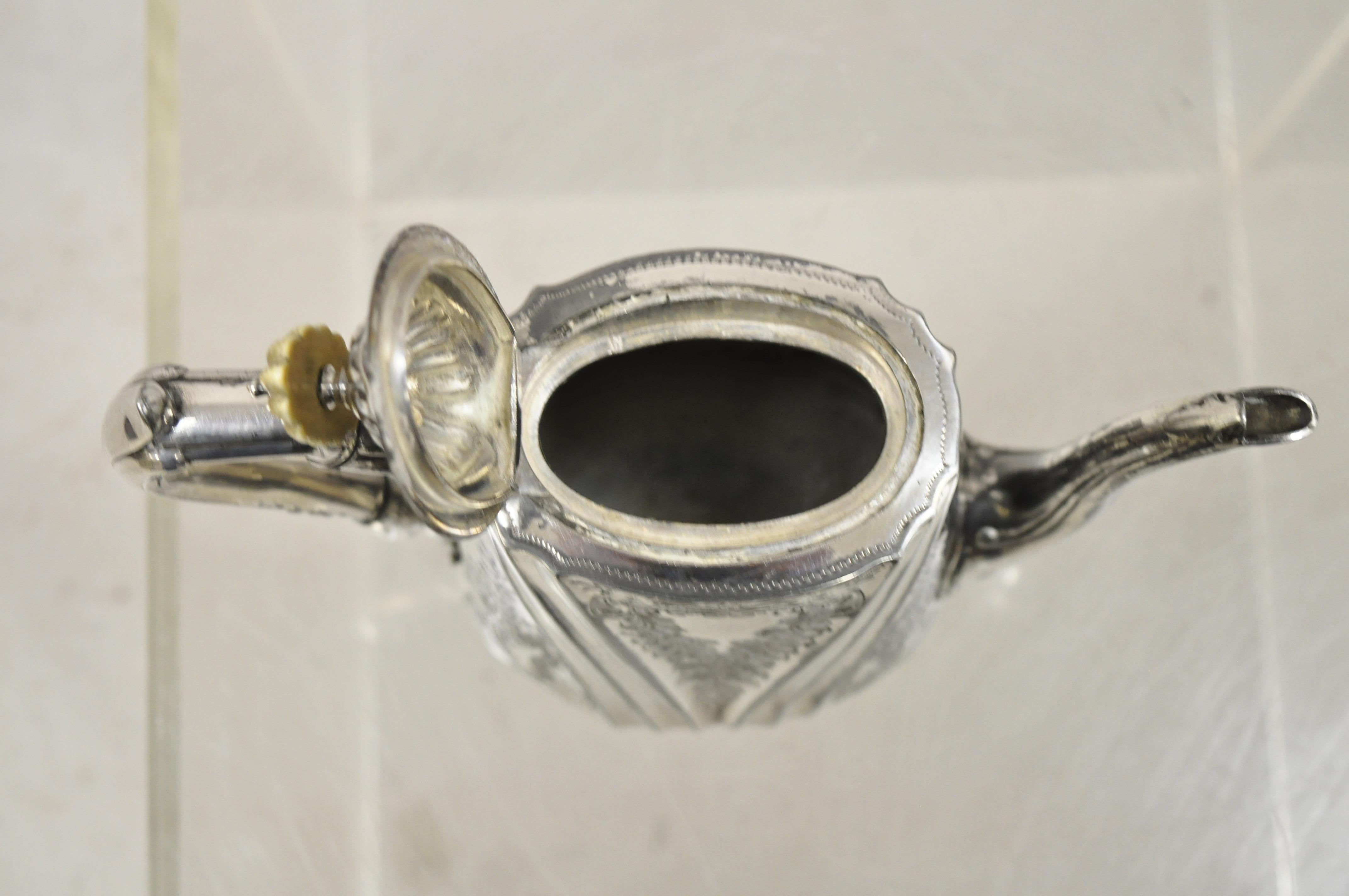 20th Century Antique English Silver Plate Edwardian Victorian Bone Handle Floral Coffee Pot D For Sale