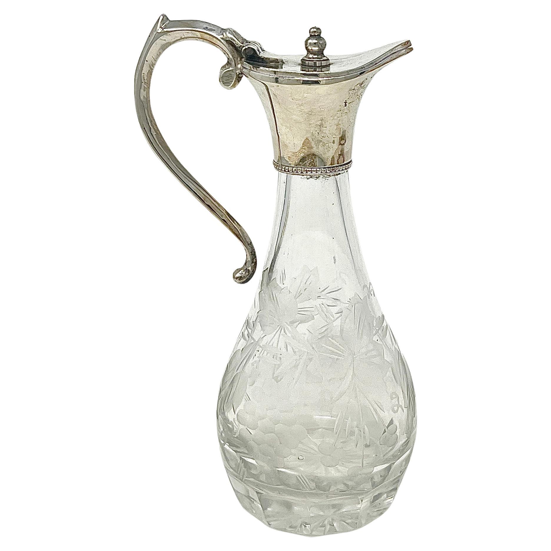 Antikes englisches Öl- und Vinegar-Krümelentferner-Set aus Silberblech und geätztem Glas, um 1870 (Englisch) im Angebot