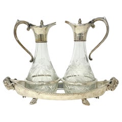Antikes englisches Öl- und Vinegar-Krümelentferner-Set aus Silberblech und geätztem Glas, um 1870