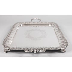 Antique English Silver Plate Footed Serving Tray with Handles