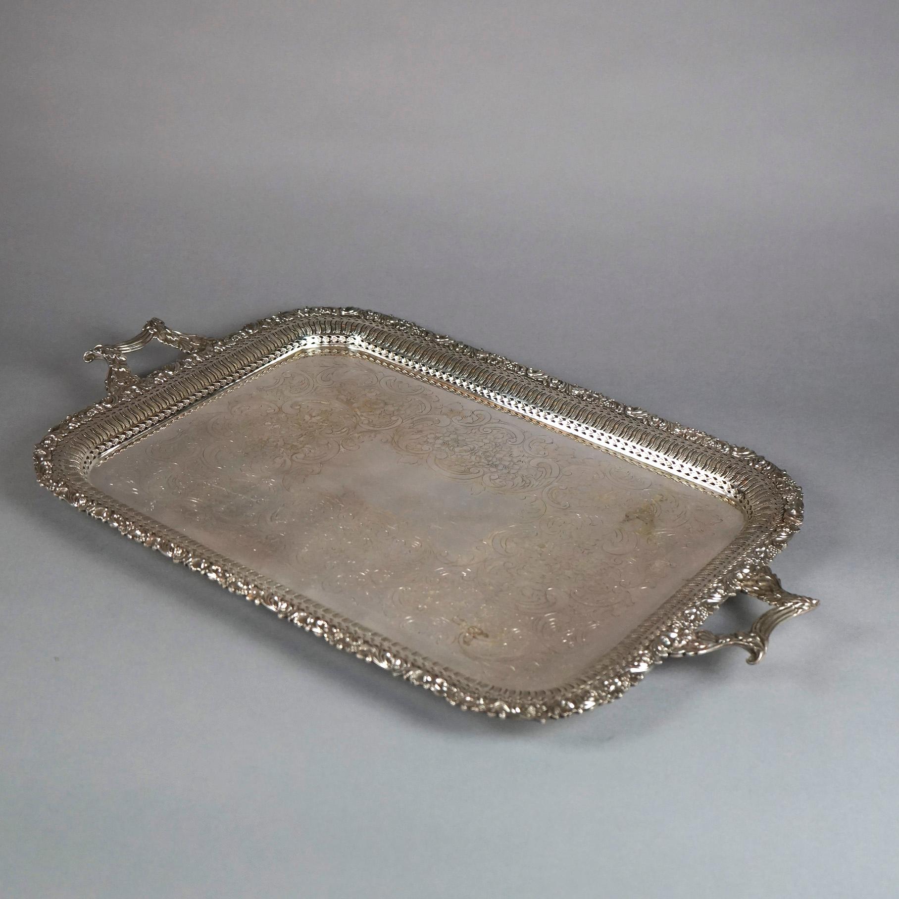 19th Century Antique English Silver Plate Four Piece Tea Set with Tray 19th C For Sale