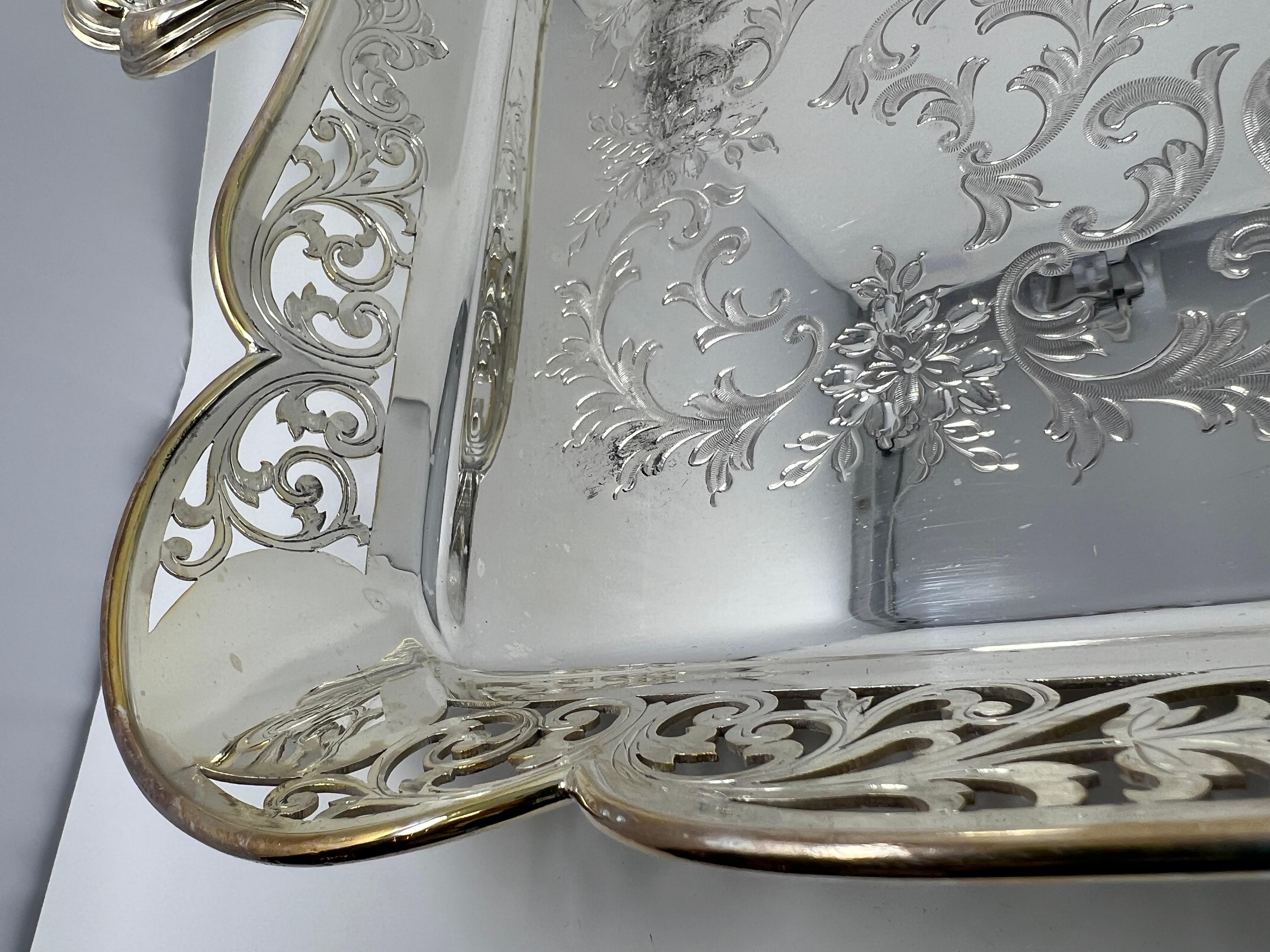 19th Century Antique English Silver Plate Galleried Tray, Circa 1890. For Sale