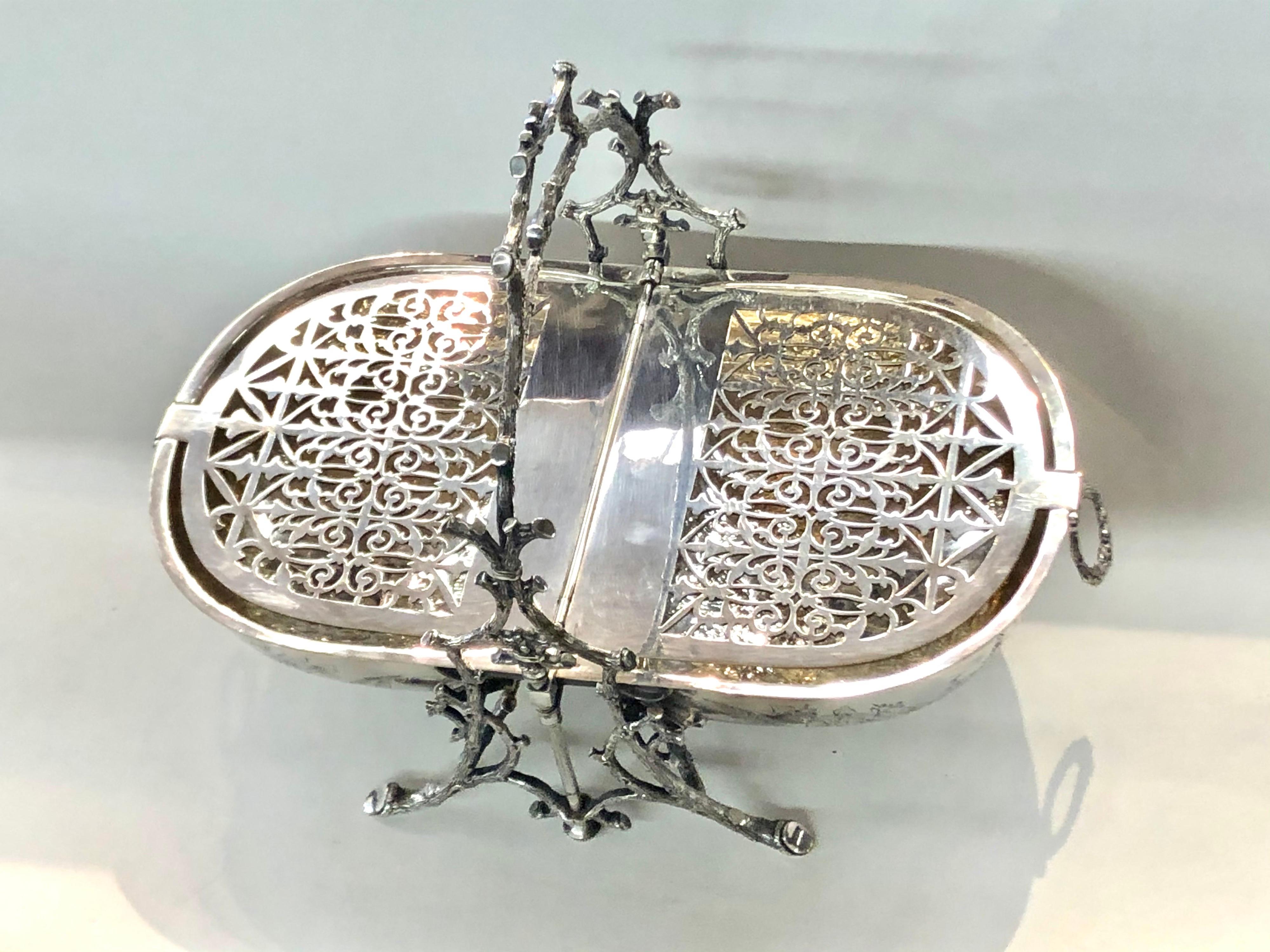 Antique English Silver Plate Hand Chased Cushion Shape Folding Biscuit Box For Sale 1