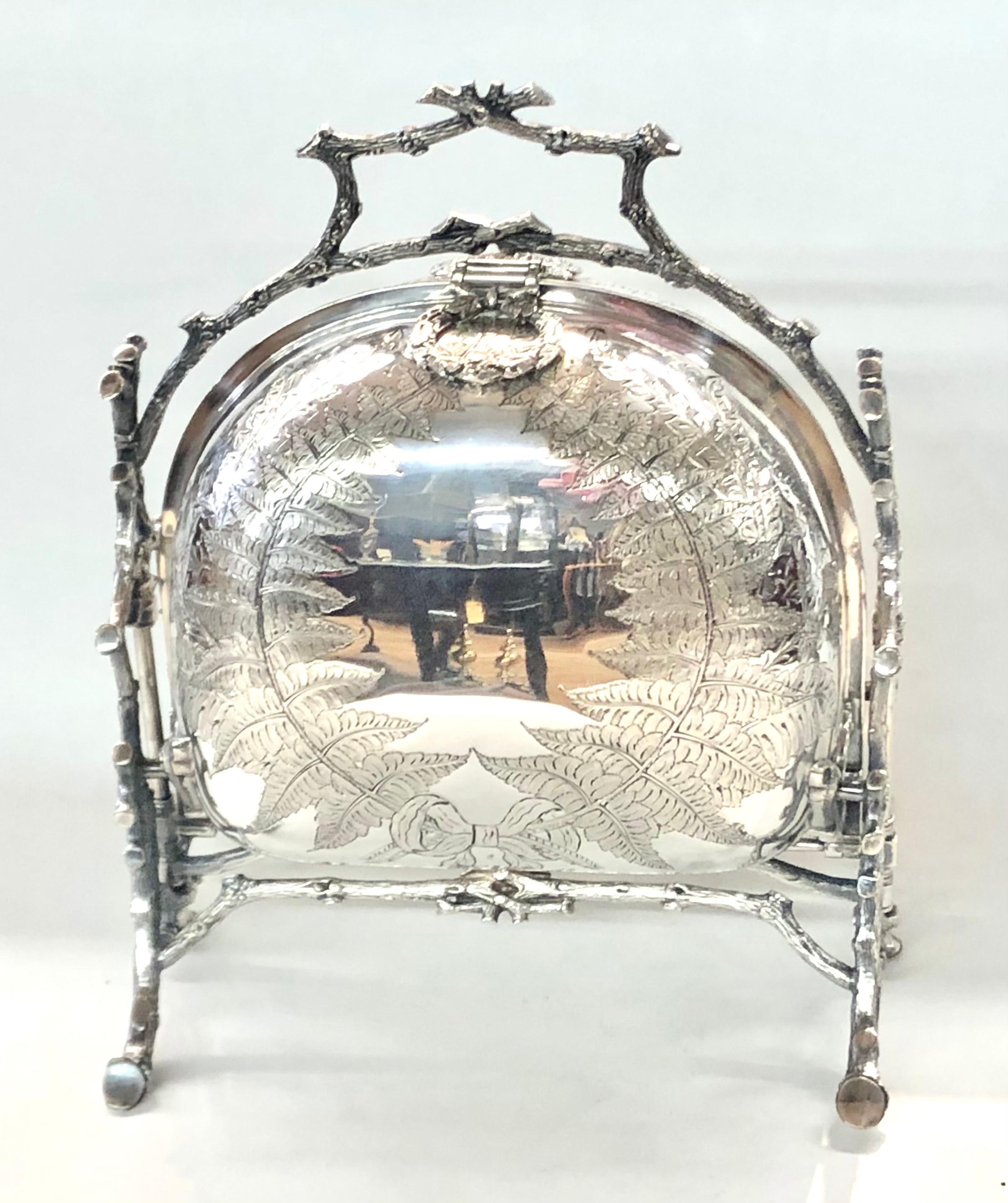 Extraordinary antique English Sheffield silver plate exceptionally hand chased and engraved Double Folding Biscuit Box with fern motif chasing and engraving and handsome pierced and lidded interior. (English biscuits are what we call crackers like