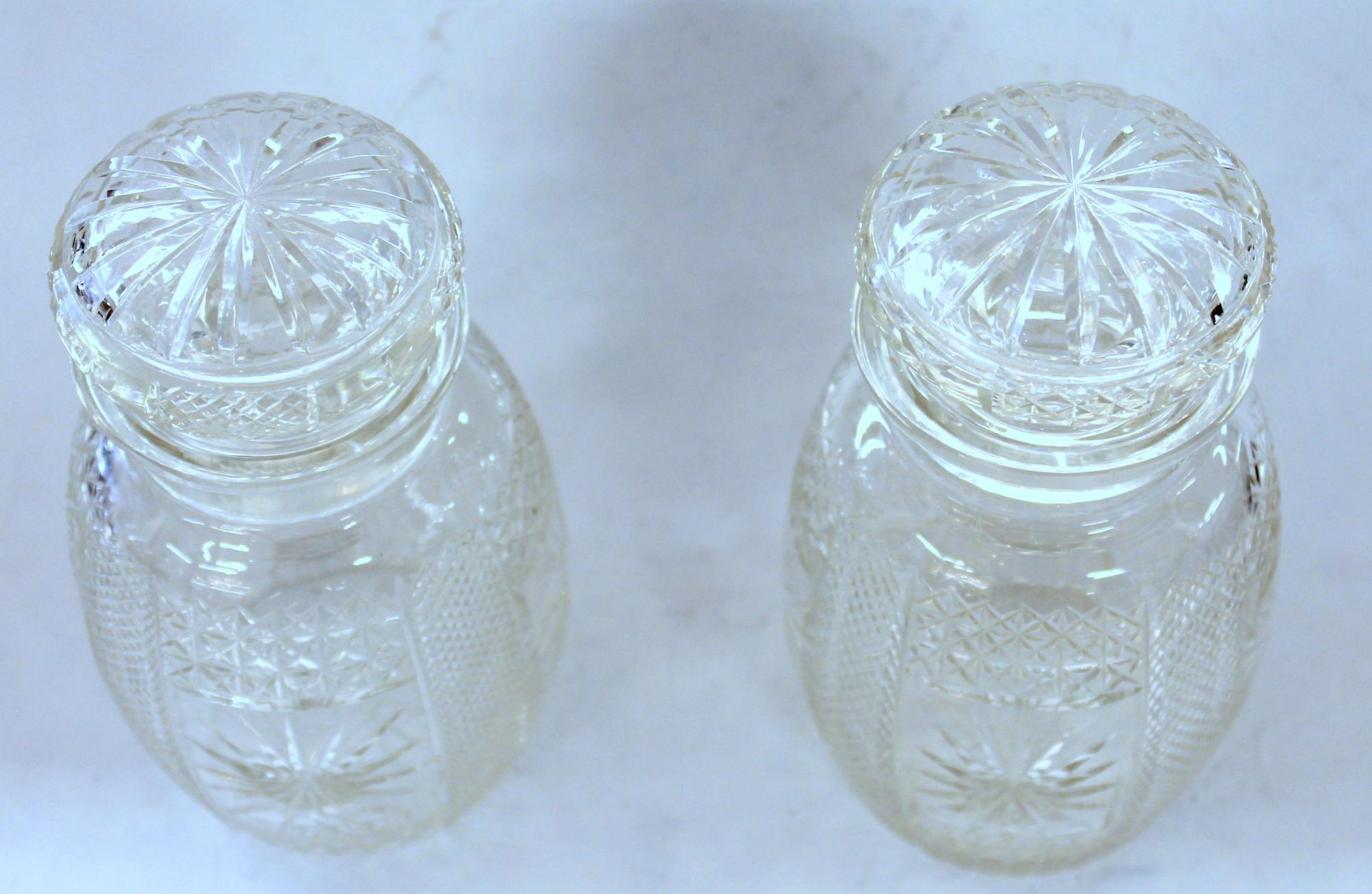 Antique English Silver Plate Hand-Cut Crystal Barrel Shape Double Jar Pickle Set For Sale 4