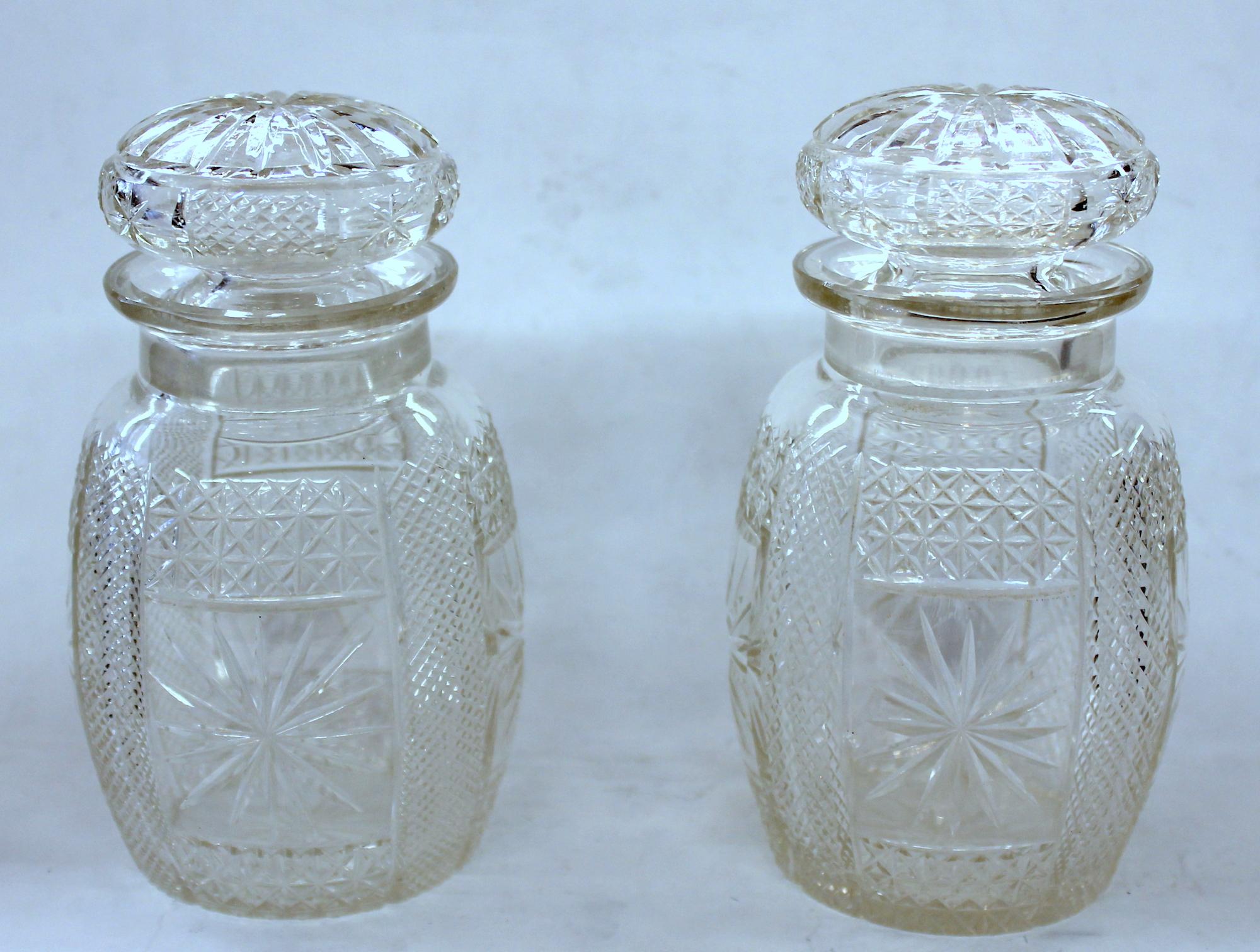 Antique English Silver Plate Hand-Cut Crystal Barrel Shape Double Jar Pickle Set For Sale 5