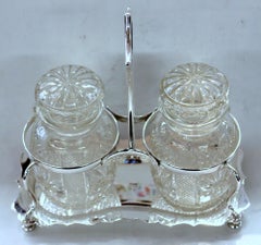 Antique English Silver Plate Hand-Cut Crystal Barrel Shape Double Jar Pickle Set
