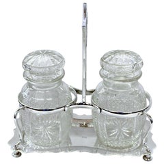 Antique English Silver Plate Hand-Cut Crystal Barrel Shape Double Jar Pickle Set