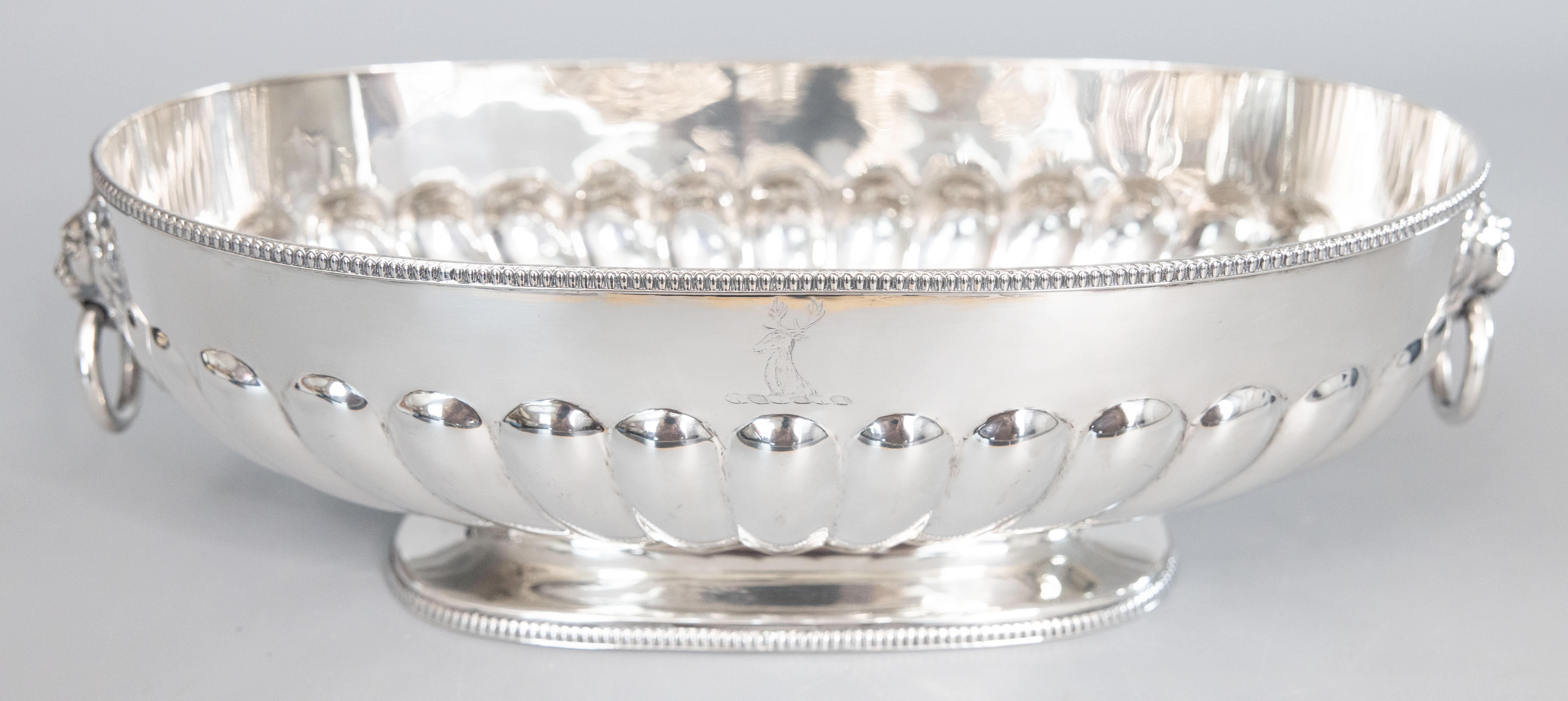Antique English Silver Plate Lion Heads Oval Pedestal Centerpiece Bowl In Good Condition For Sale In Pearland, TX