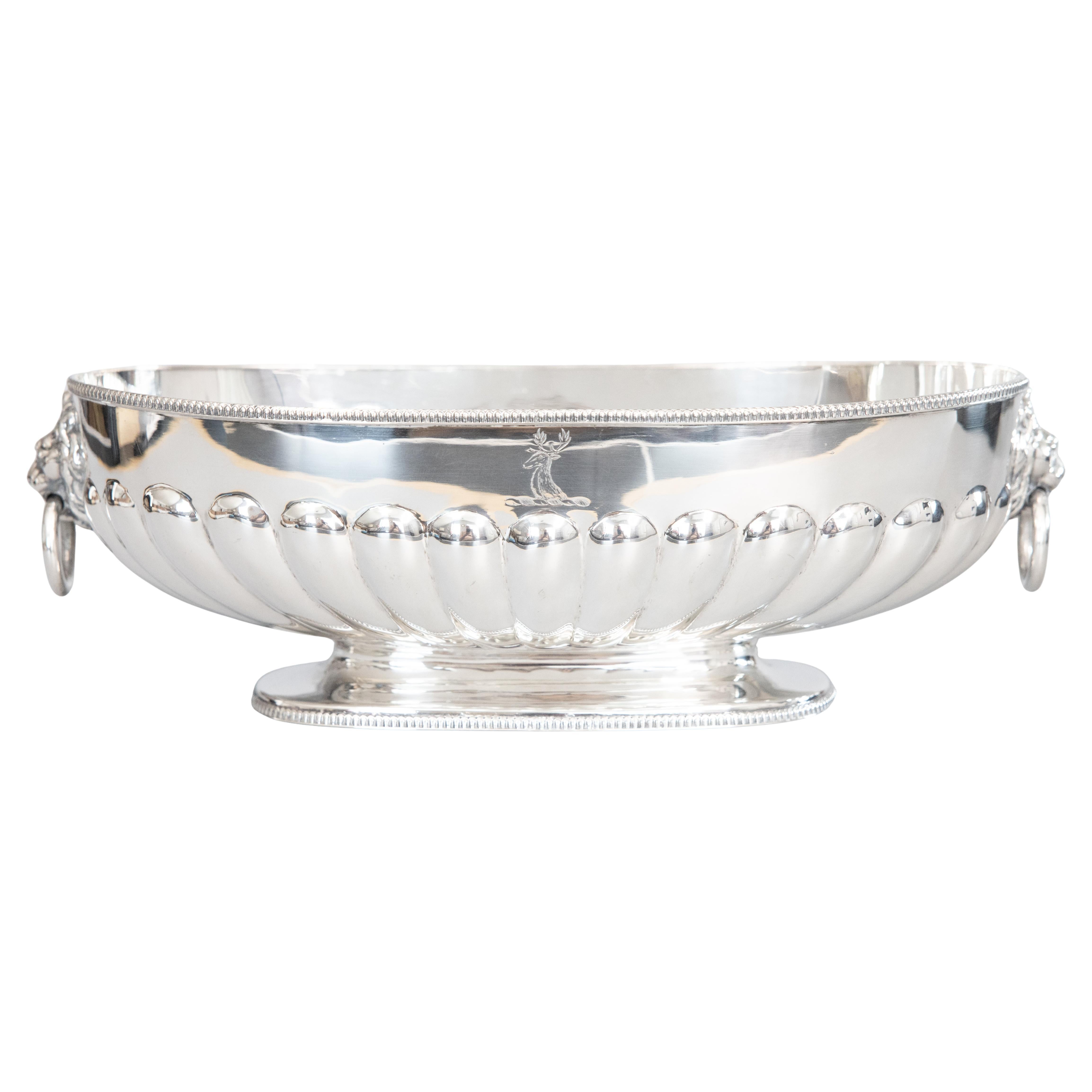 Antique English Silver Plate Lion Heads Oval Pedestal Centerpiece Bowl For Sale