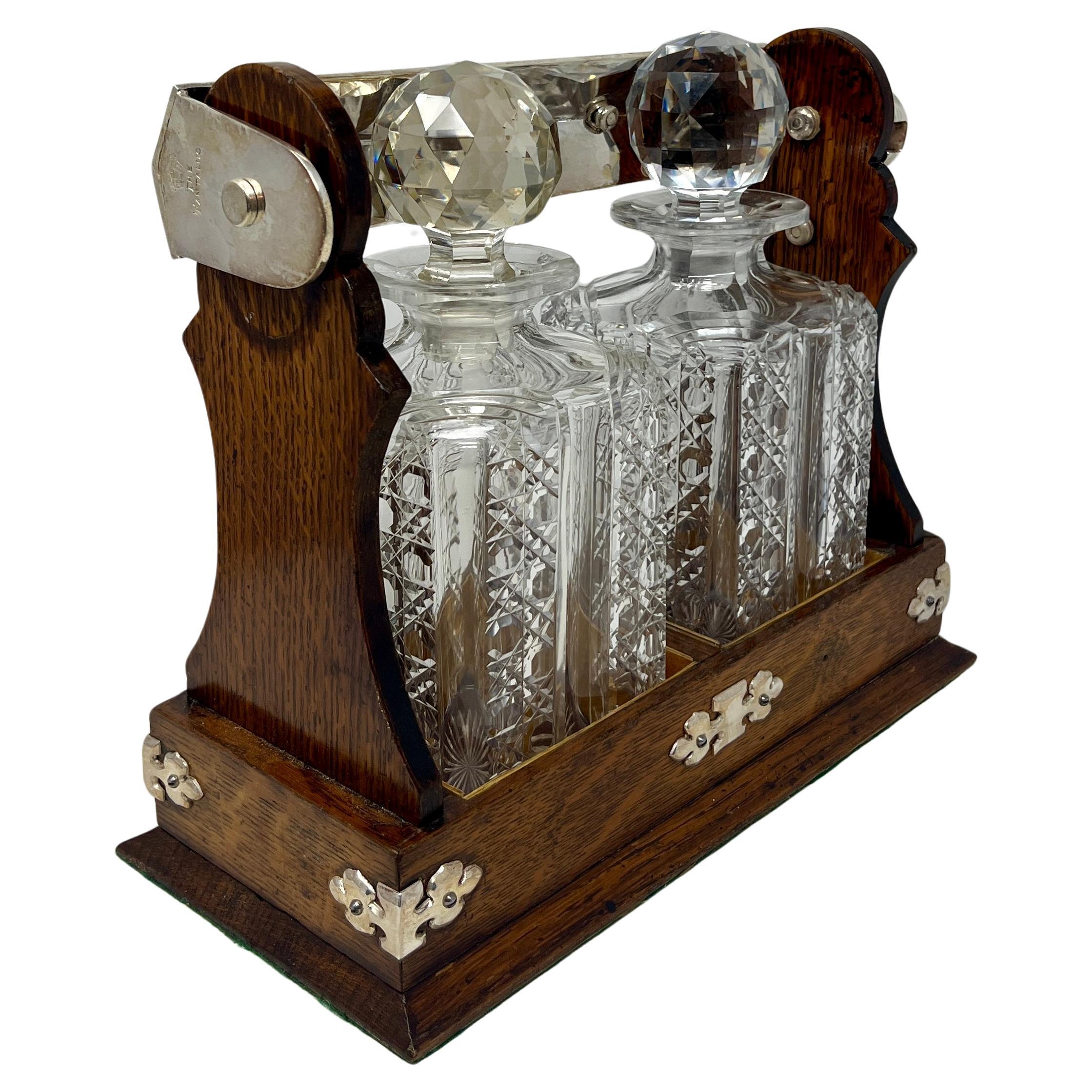 Antique English Silver Plate Mounted Oak & Crystal 2 Bottle Tantalus, Circa 1880 In Good Condition In New Orleans, LA