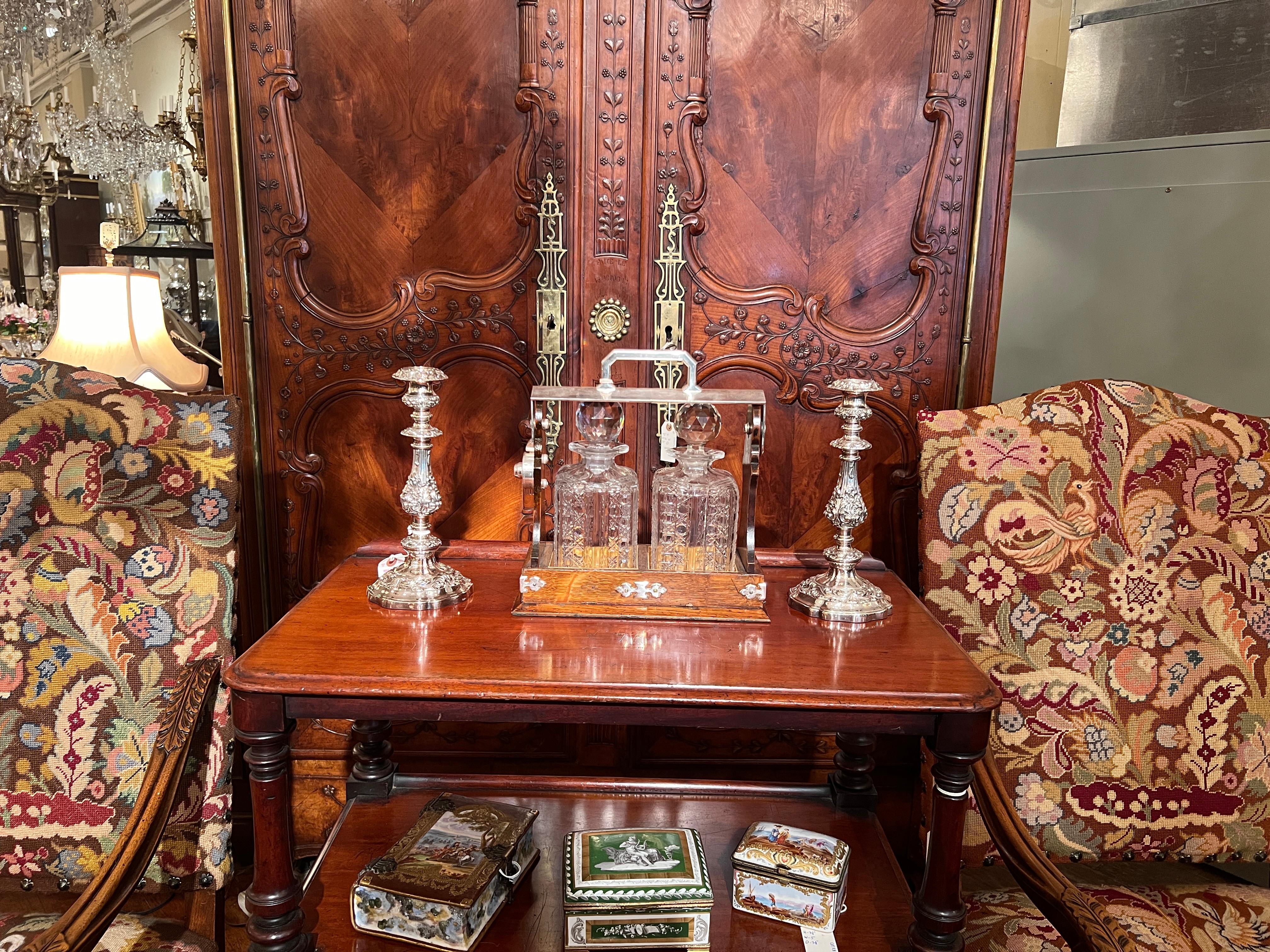 Antique English Silver Plate Mounted Oak & Crystal 2 Bottle Tantalus, Circa 1880 For Sale 3