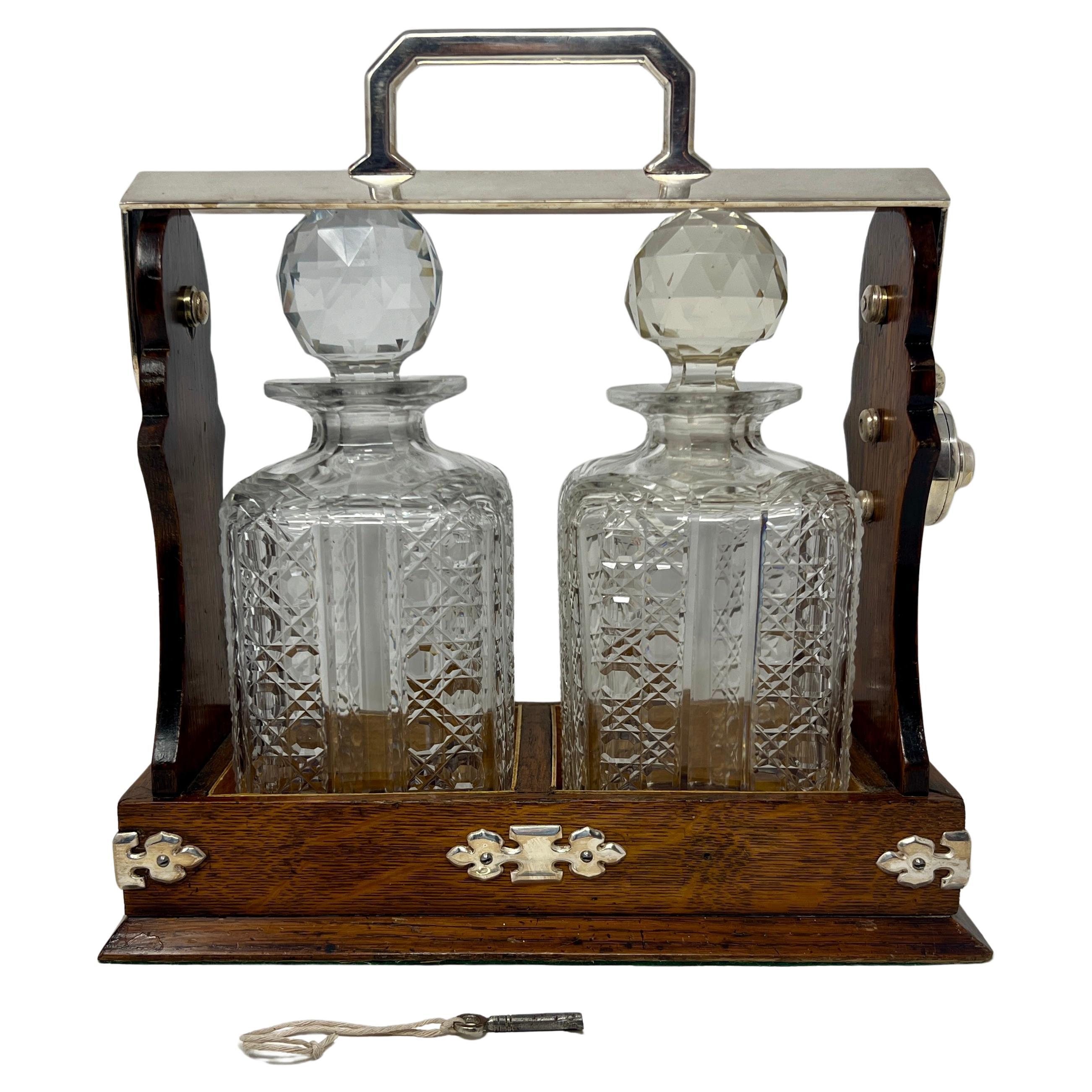 Antique English Silver Plate Mounted Oak & Crystal 2 Bottle Tantalus, Circa 1880