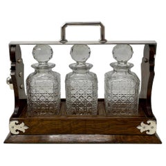 Antique English Silver Plate Mounted Oak & Crystal 3 Bottle Tantalus, Circa 1880