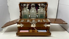 Antique English Silver Plate Mounted Oak & Crystal Games Box Tantalus Circa 1880