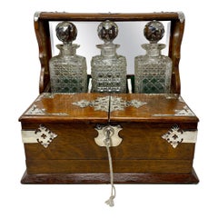 Antique English Silver Plate Mounted Oak & Crystal Games Box Tantalus Circa 1880