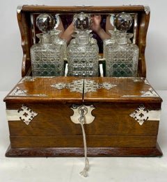 Antique English Silver Plate Mounted Oak & Crystal Games Box Tantalus Circa 1880