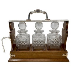 Antique English Silver-Plate Mounted Oak & Cut Crystal 3 Bottle Tantalus Ca 1890