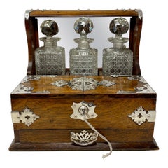 Antique English Silver Plate, Oak and Crystal Games Box Tantalus, Circa 1880's.