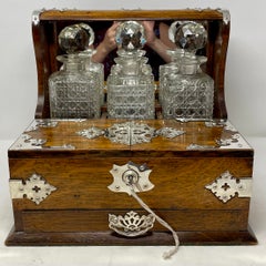Antique English Silver Plate, Oak and Crystal Games Box Tantalus, Circa 1880's.