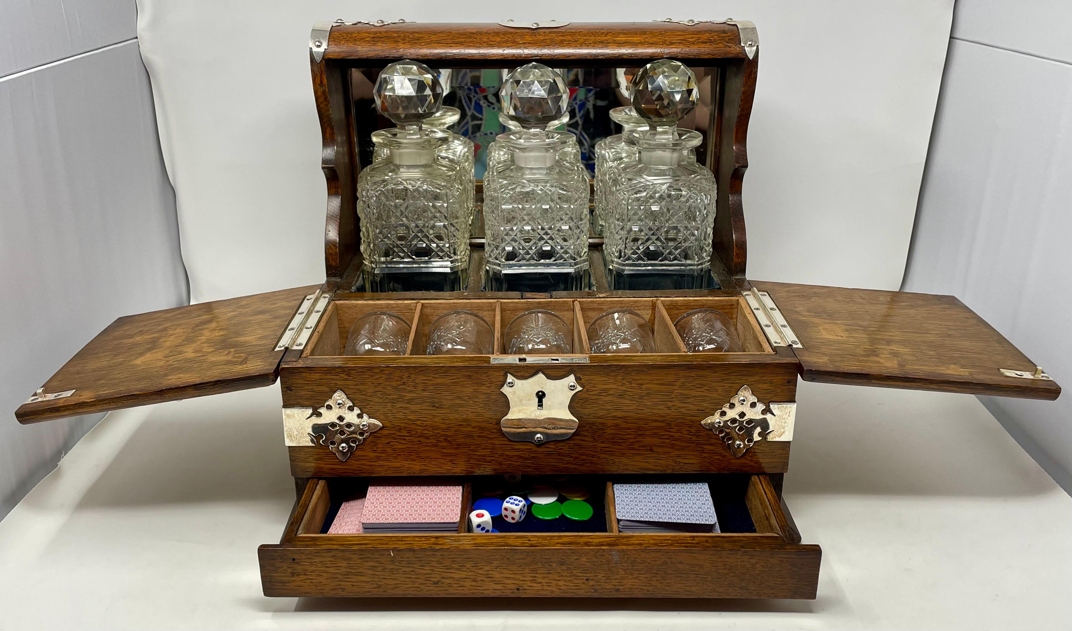 Antique English Silver-Plate Mounted Oak and Cut Crystal Tantalus Games Box Compendium, Circa 1890.