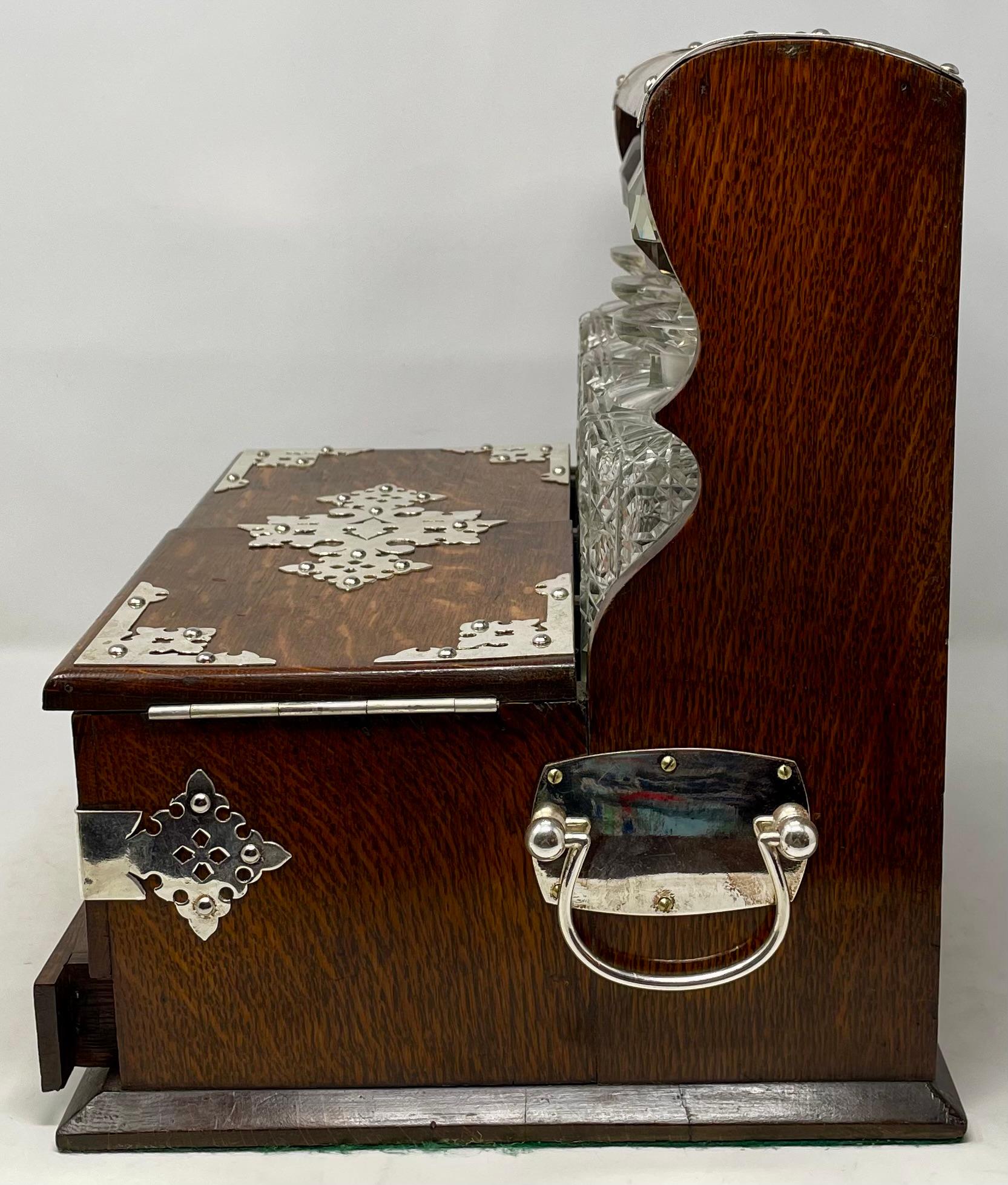 Antique English Silver-Plate, Oak & Cut Crystal Tantalus Games Box, Circa 1890. In Good Condition For Sale In New Orleans, LA