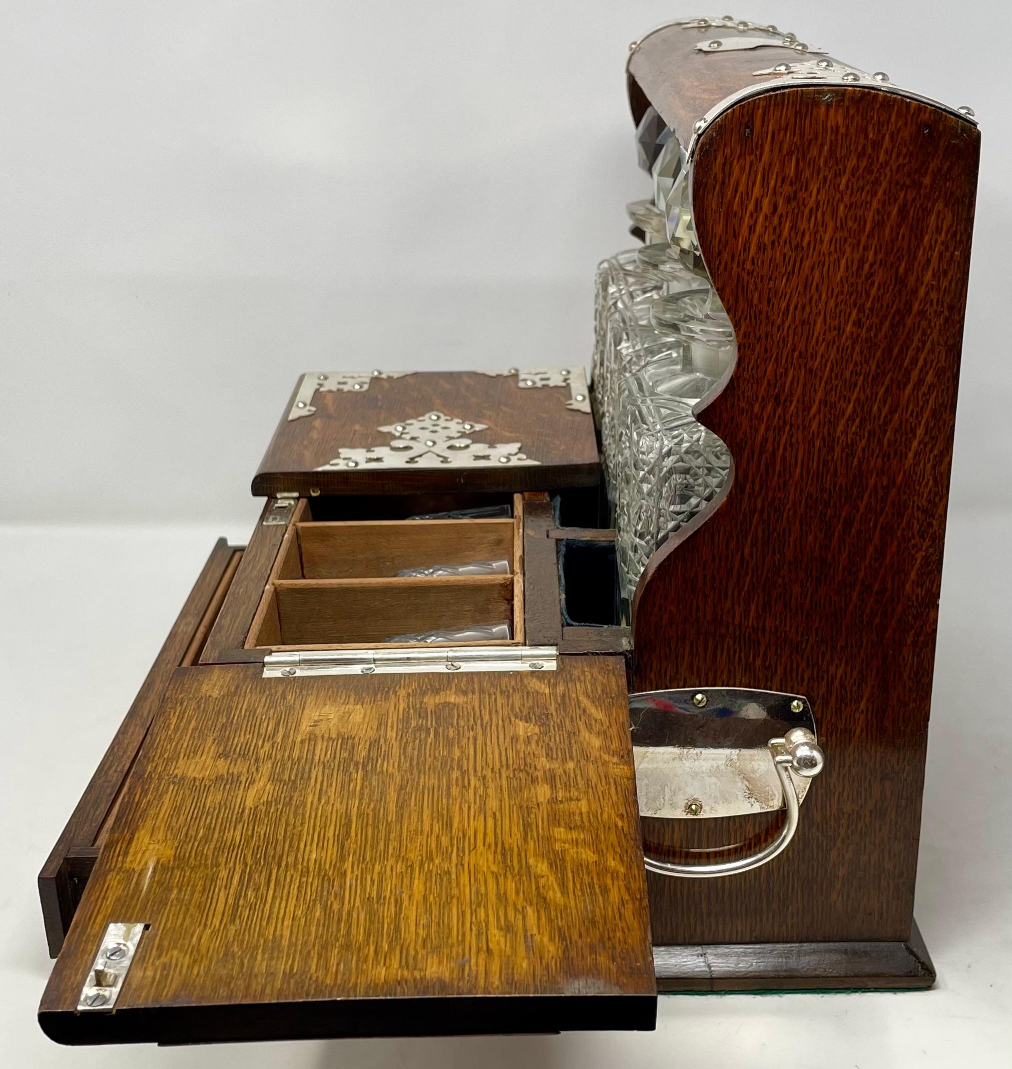 20th Century Antique English Silver-Plate, Oak & Cut Crystal Tantalus Games Box, Circa 1890. For Sale