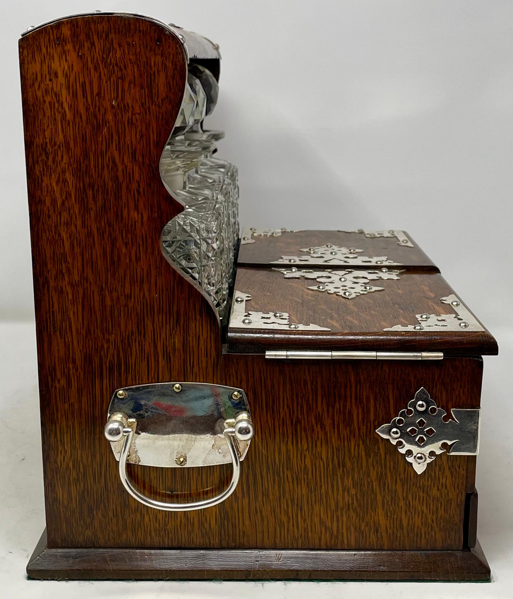 Antique English Silver-Plate, Oak & Cut Crystal Tantalus Games Box, Circa 1890. For Sale 2