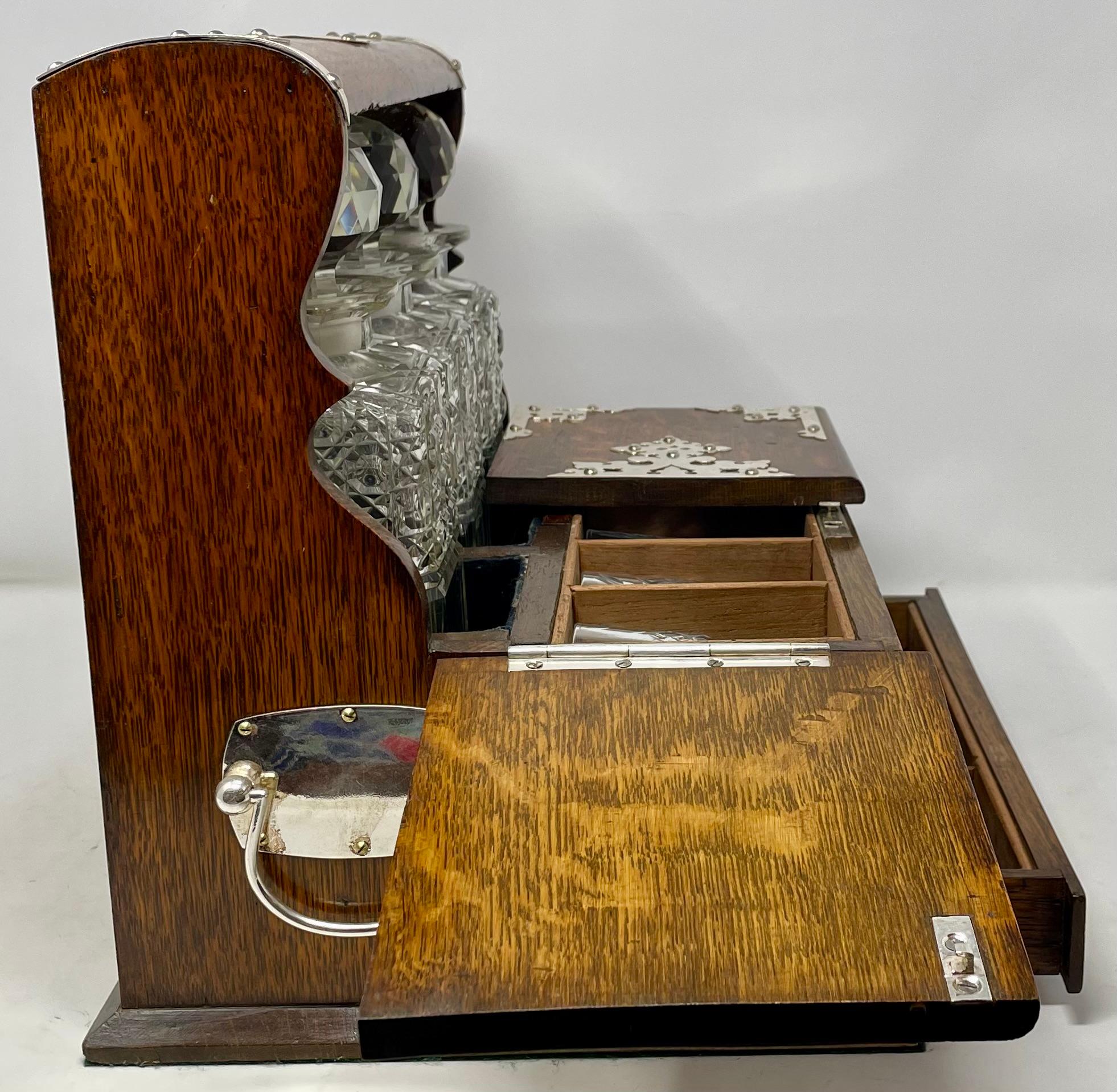 Antique English Silver-Plate, Oak & Cut Crystal Tantalus Games Box, Circa 1890. For Sale 3