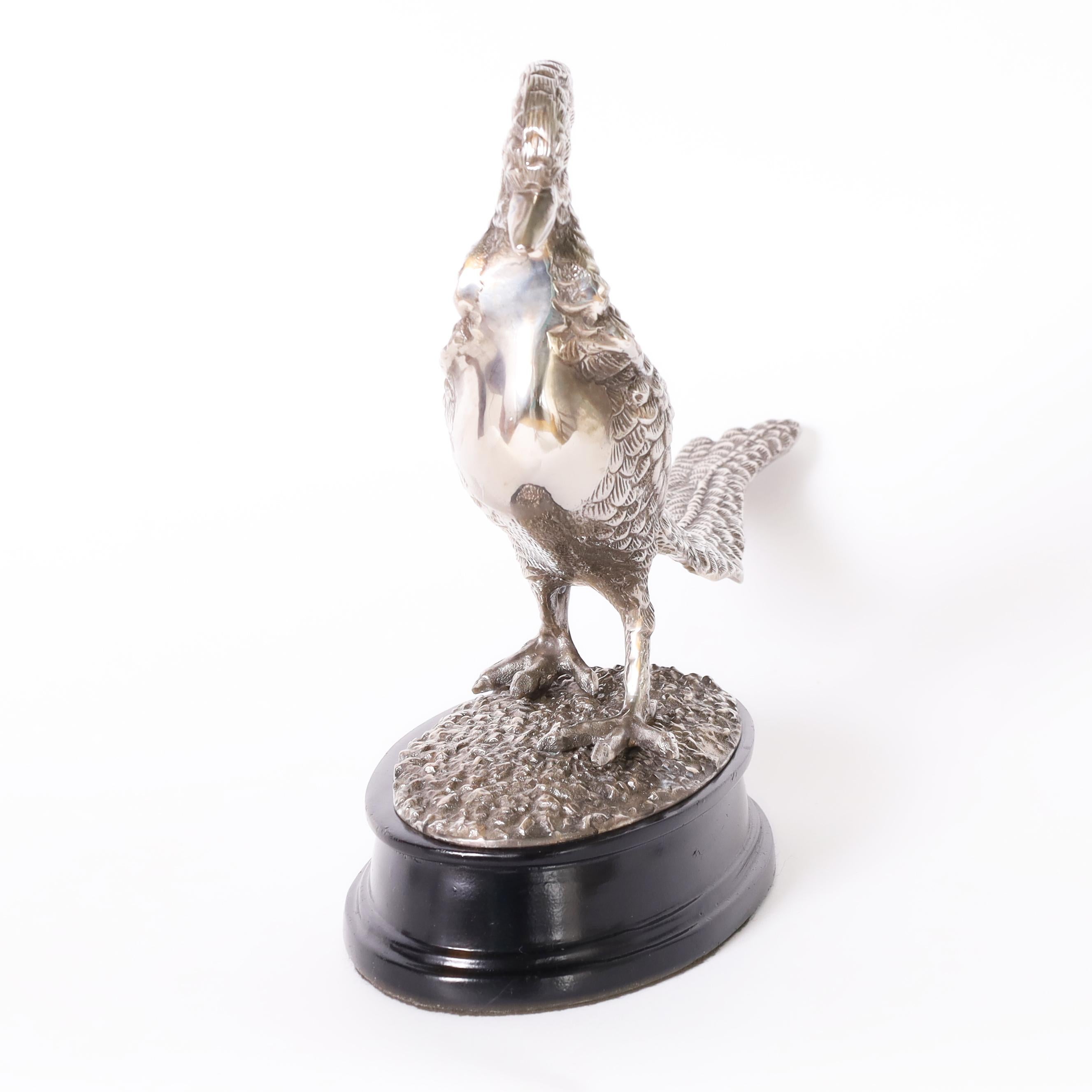 Hand-Crafted Antique English Silver Plate Pheasant Sculpture For Sale