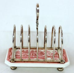 Antique English Silver Plate & Porcelain Rare "Red Willow" Toast or Letter Rack