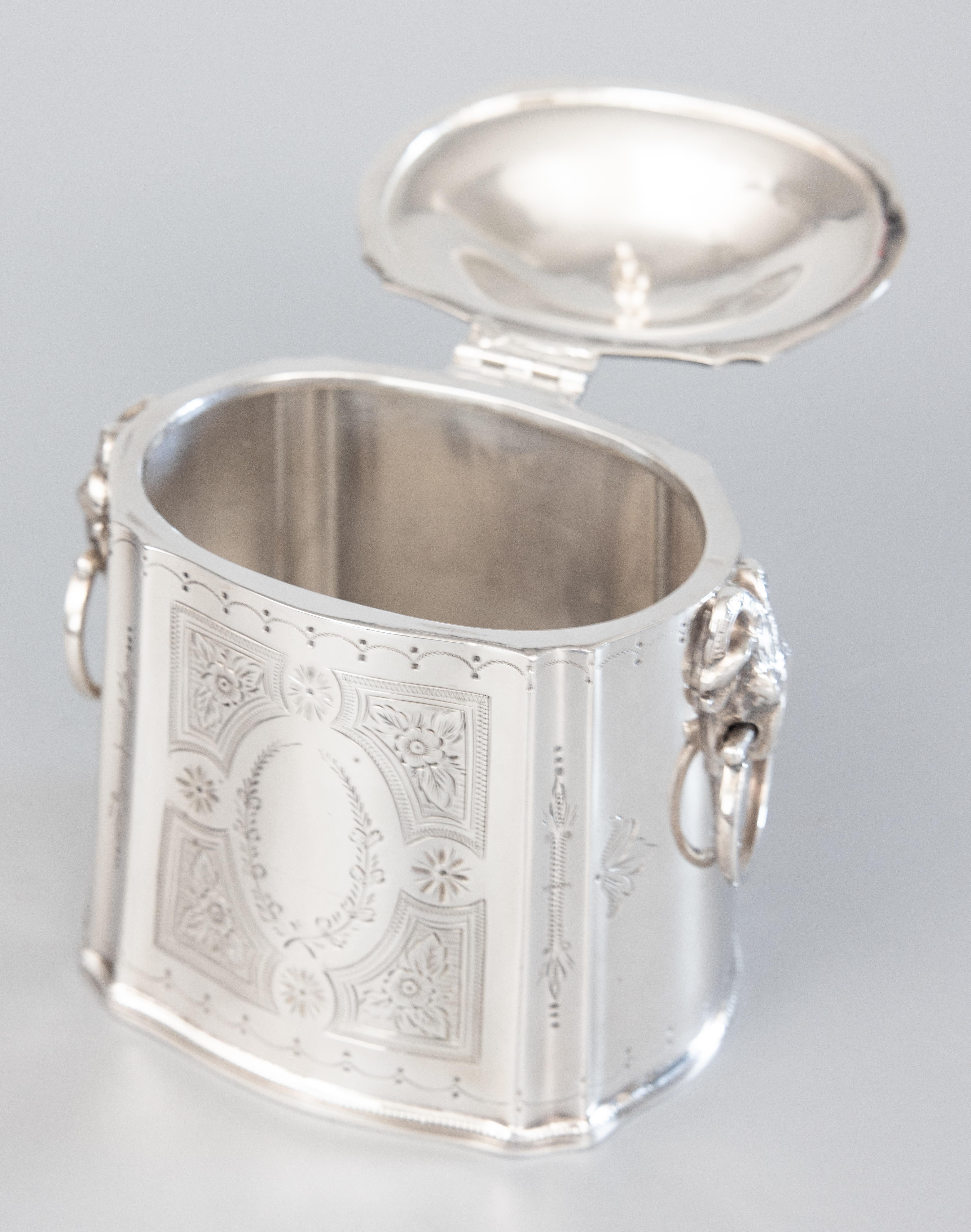 Antique English Silver Plate Tea Caddy Ram Handles In Good Condition In Pearland, TX