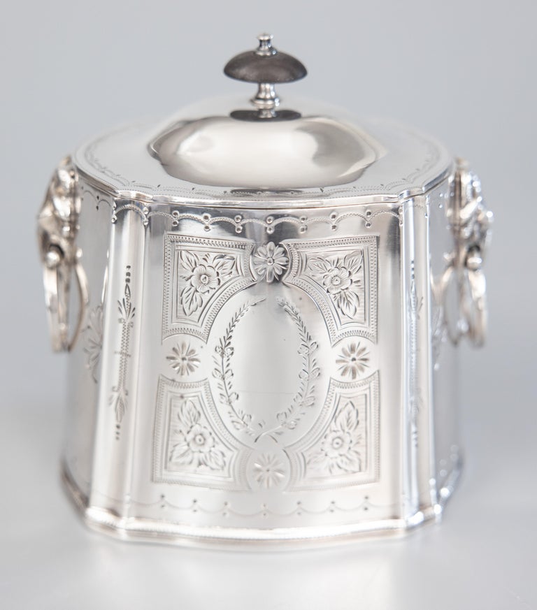 Antique English Silver Plate Tea Caddy Ram Handles For Sale 4