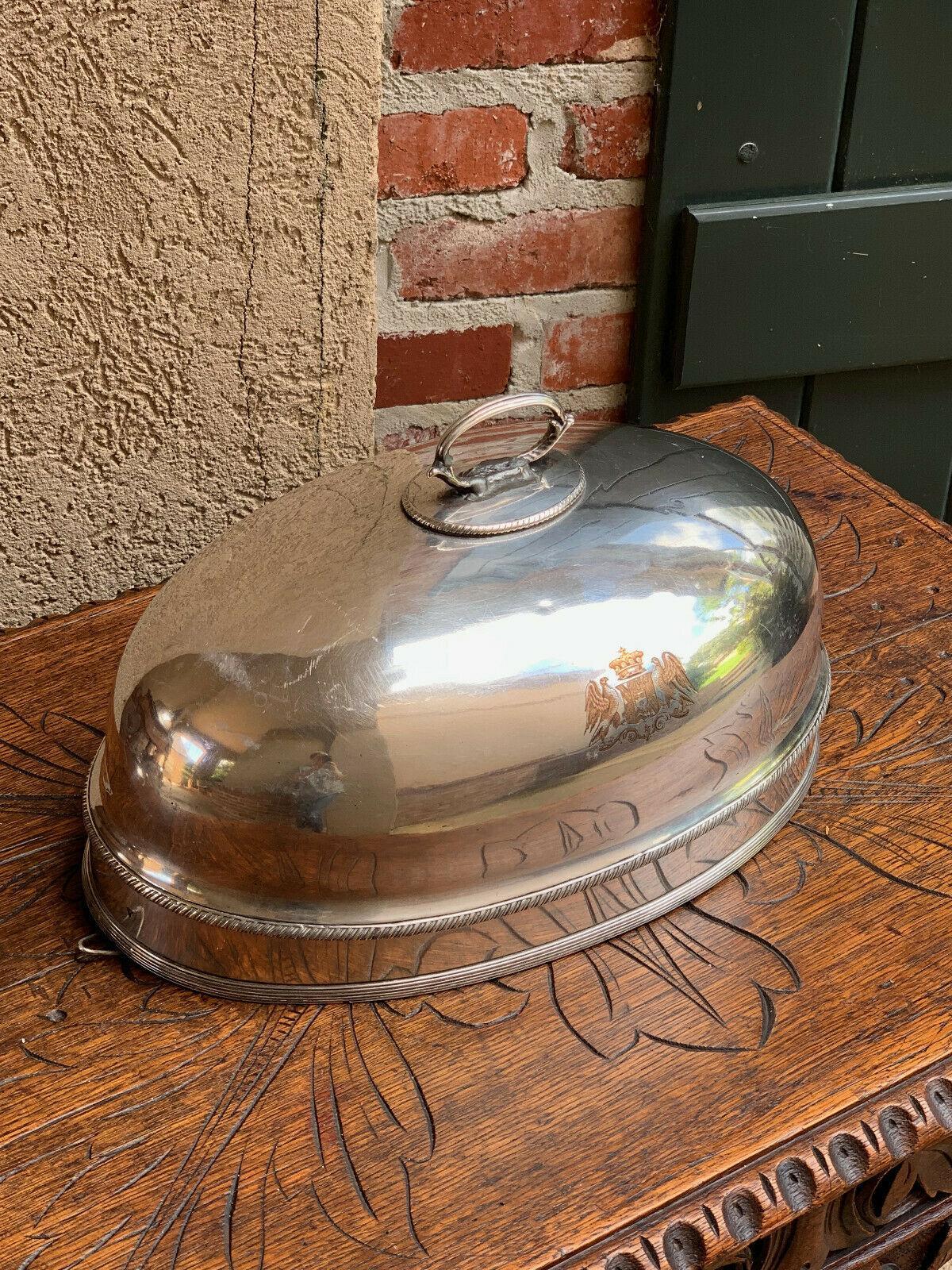 Antique English Silver Plate Turkey Meat DOME Food Cover Eagle Engraved Copper In Good Condition In Shreveport, LA