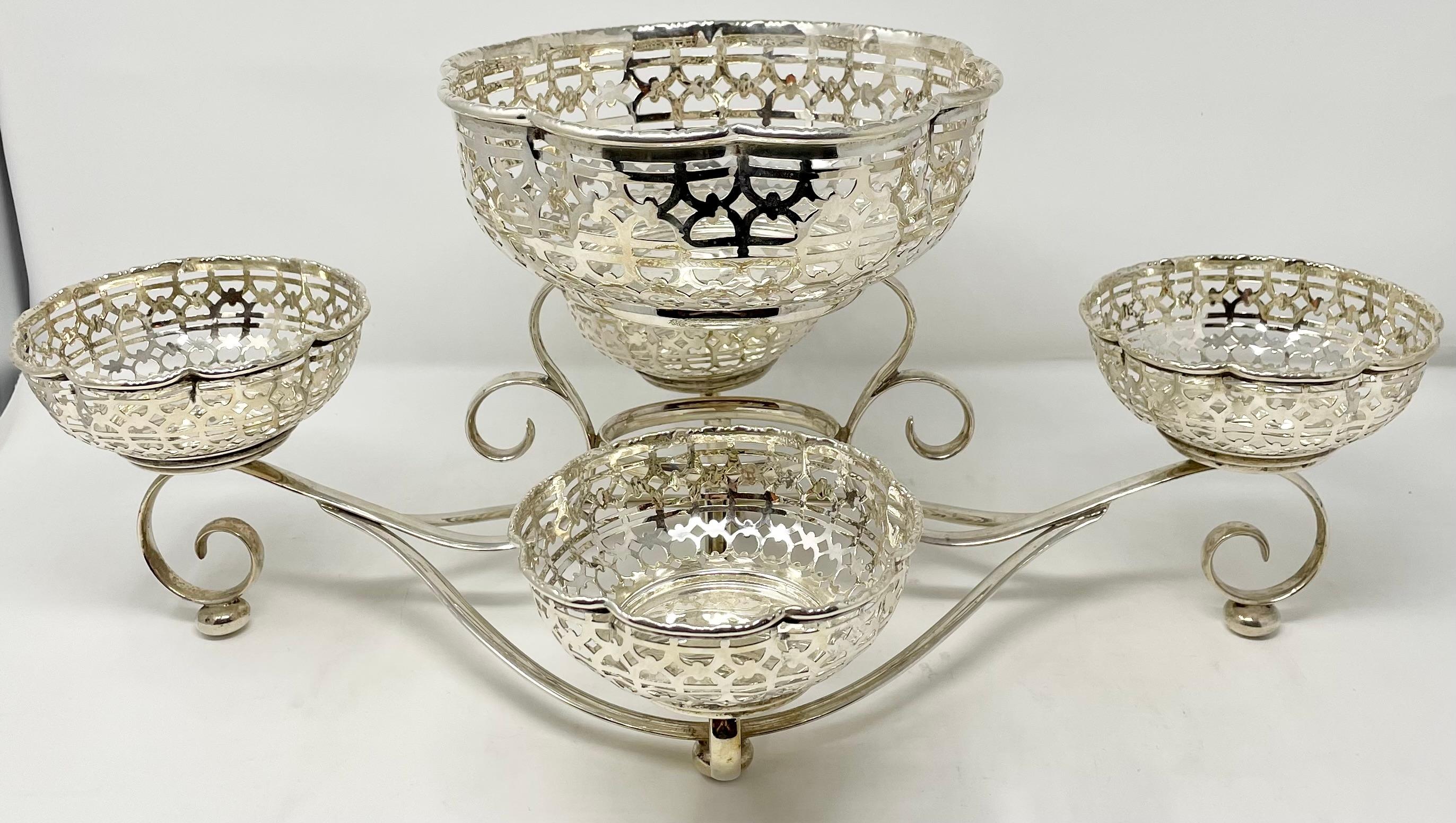 Antique English Silver-Plated 5 Piece Floral Epergne Centerpiece with Intricate Piercework, Circa 1900.