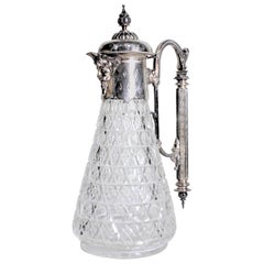 Antique English Silver Plated and Cut Glass Claret Jug or Decanter