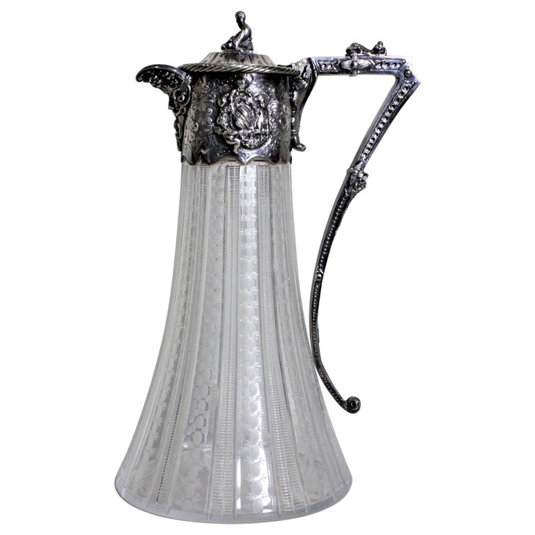 Antique English Silver Plated and Cut Glass Claret Jug or Decanter For Sale
