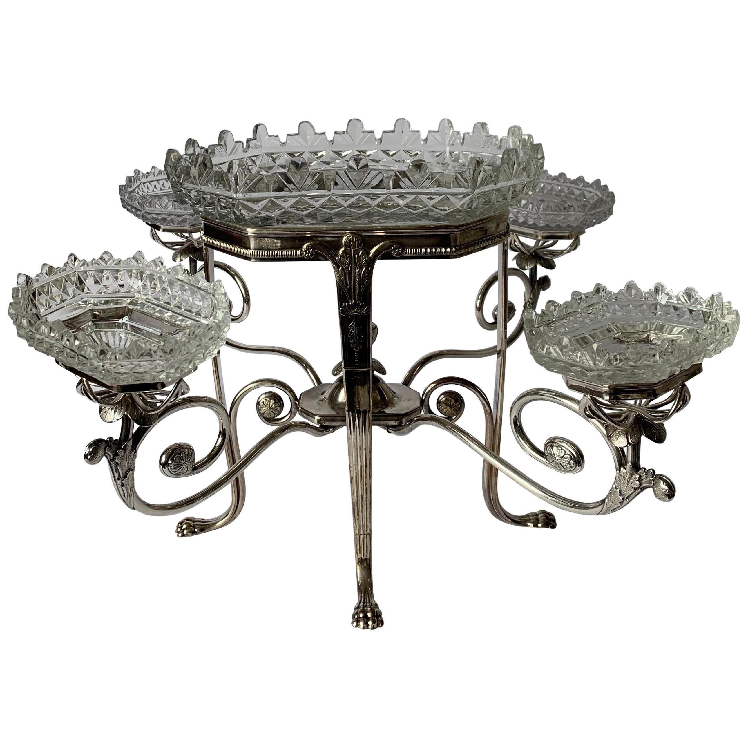 Antique English Silver Plated and Cut Glass Epergne