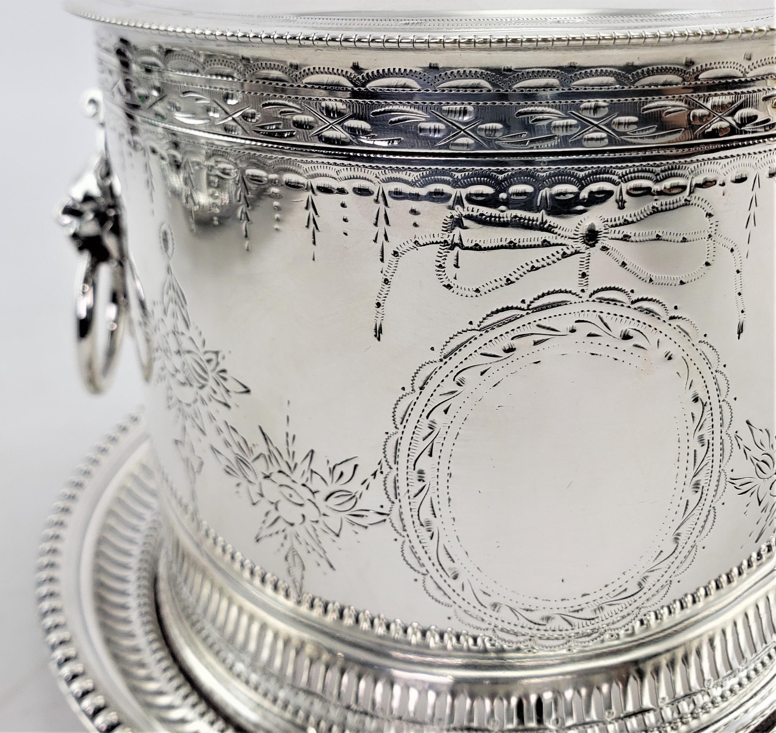 Antique English Silver Plated Biscuit Barrel with Lion Handles & Claw Feet For Sale 7