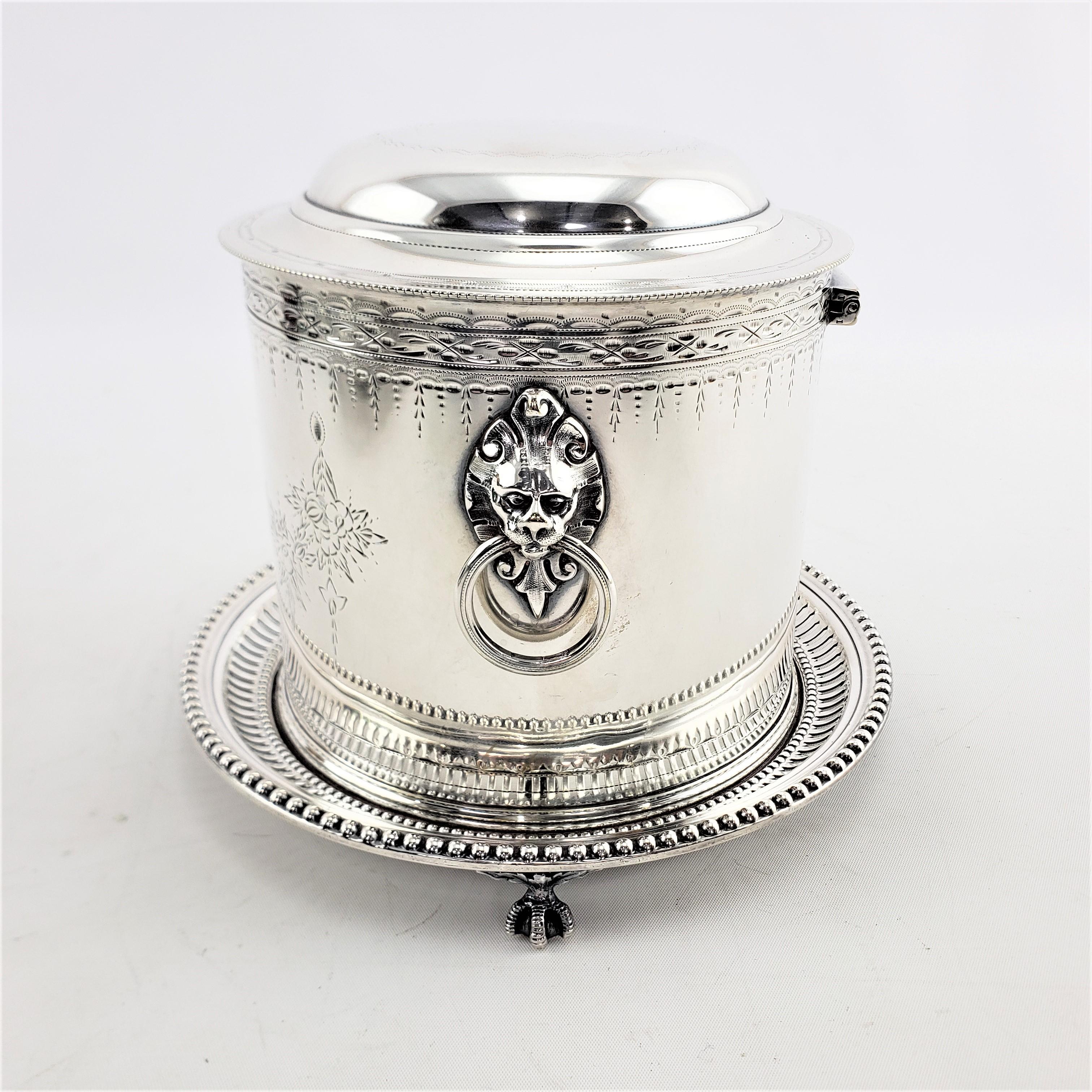 Edwardian Antique English Silver Plated Biscuit Barrel with Lion Handles & Claw Feet For Sale