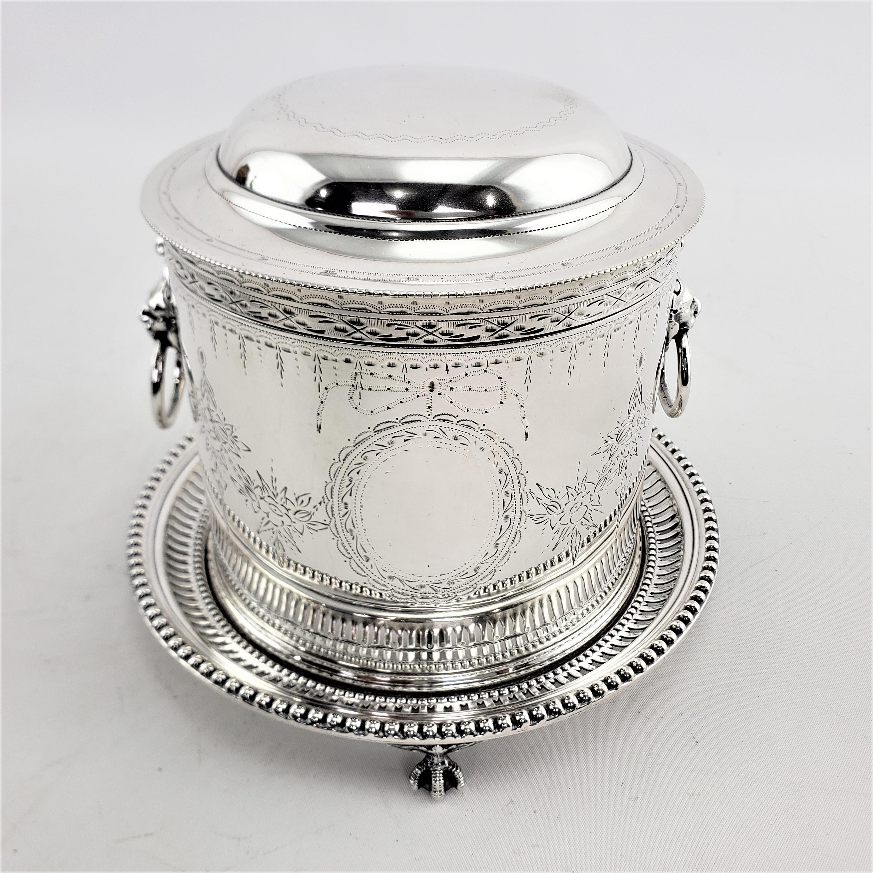 Machine-Made Antique English Silver Plated Biscuit Barrel with Lion Handles & Claw Feet For Sale