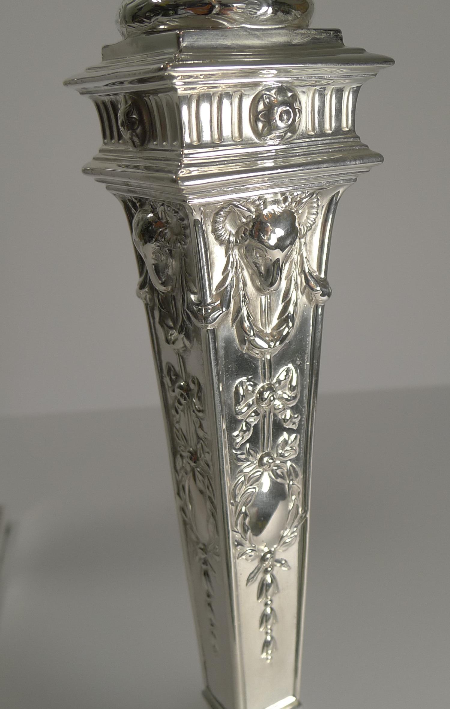 Adam Style  Antique English Silver Plated Candlesticks circa 1870, Rams Heads