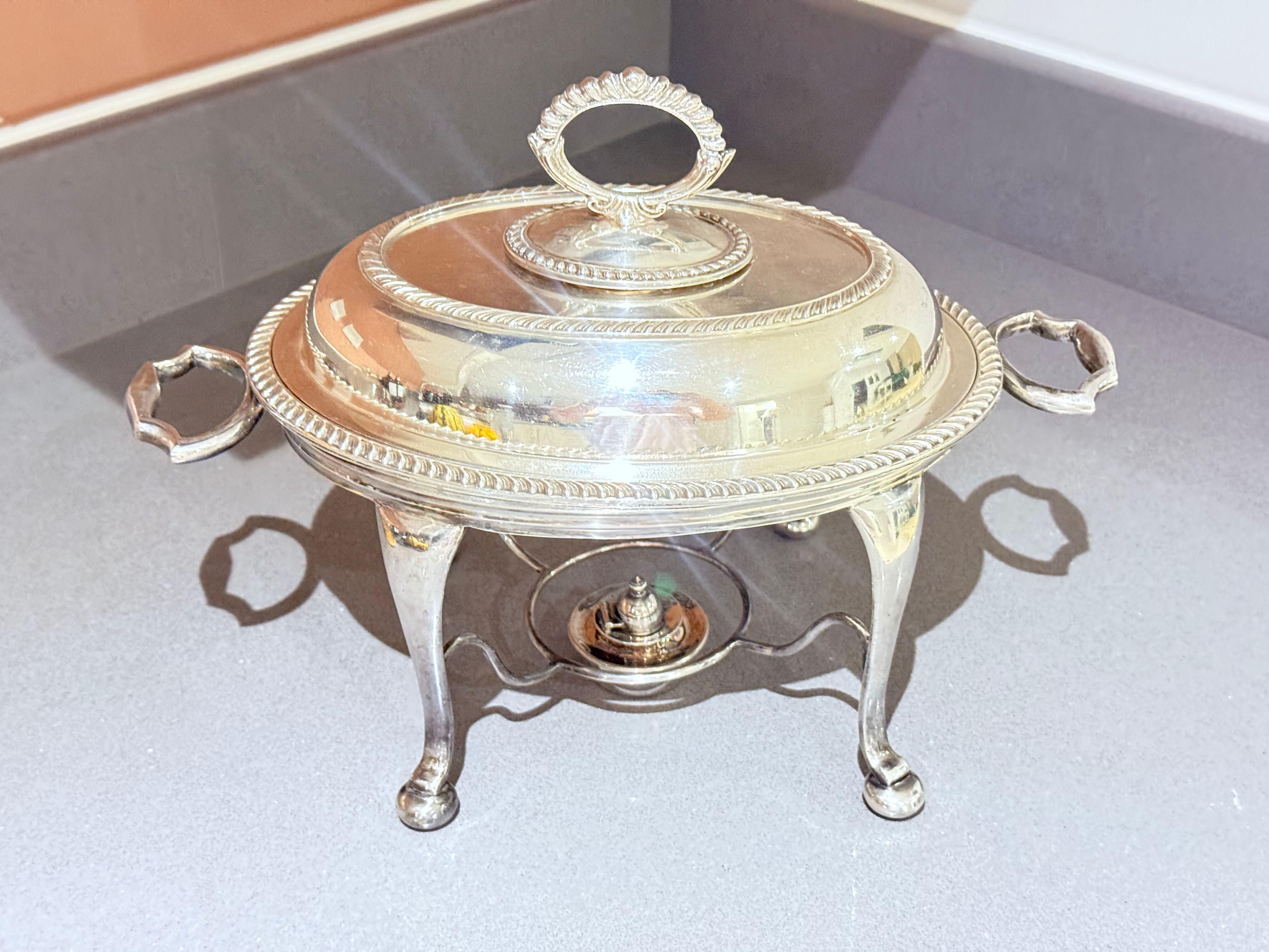 Art Deco Antique English Silver-Plated Chafing Dish with Burner, Victorian Luxury Home For Sale