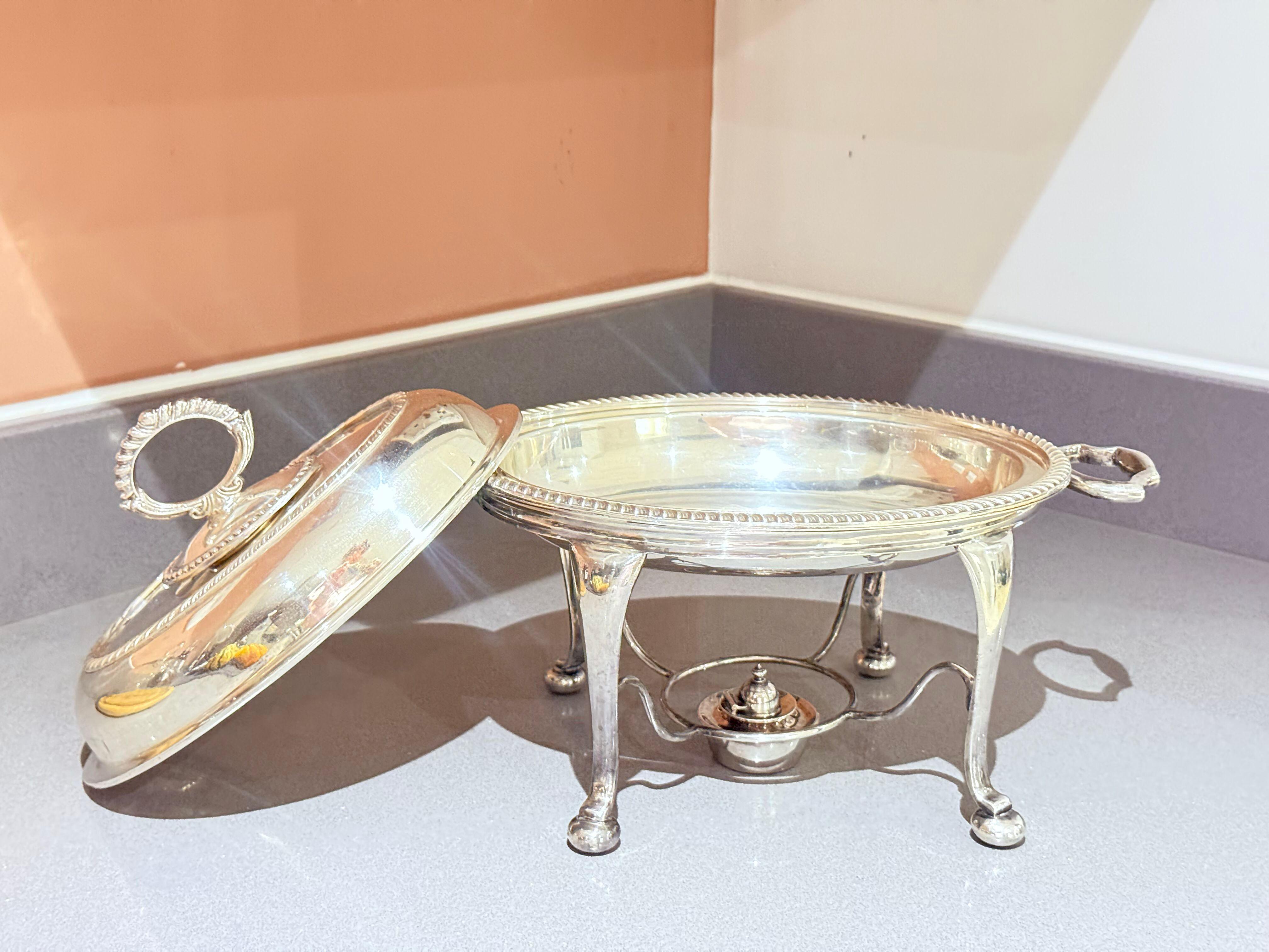 British Antique English Silver-Plated Chafing Dish with Burner, Victorian Luxury Home For Sale