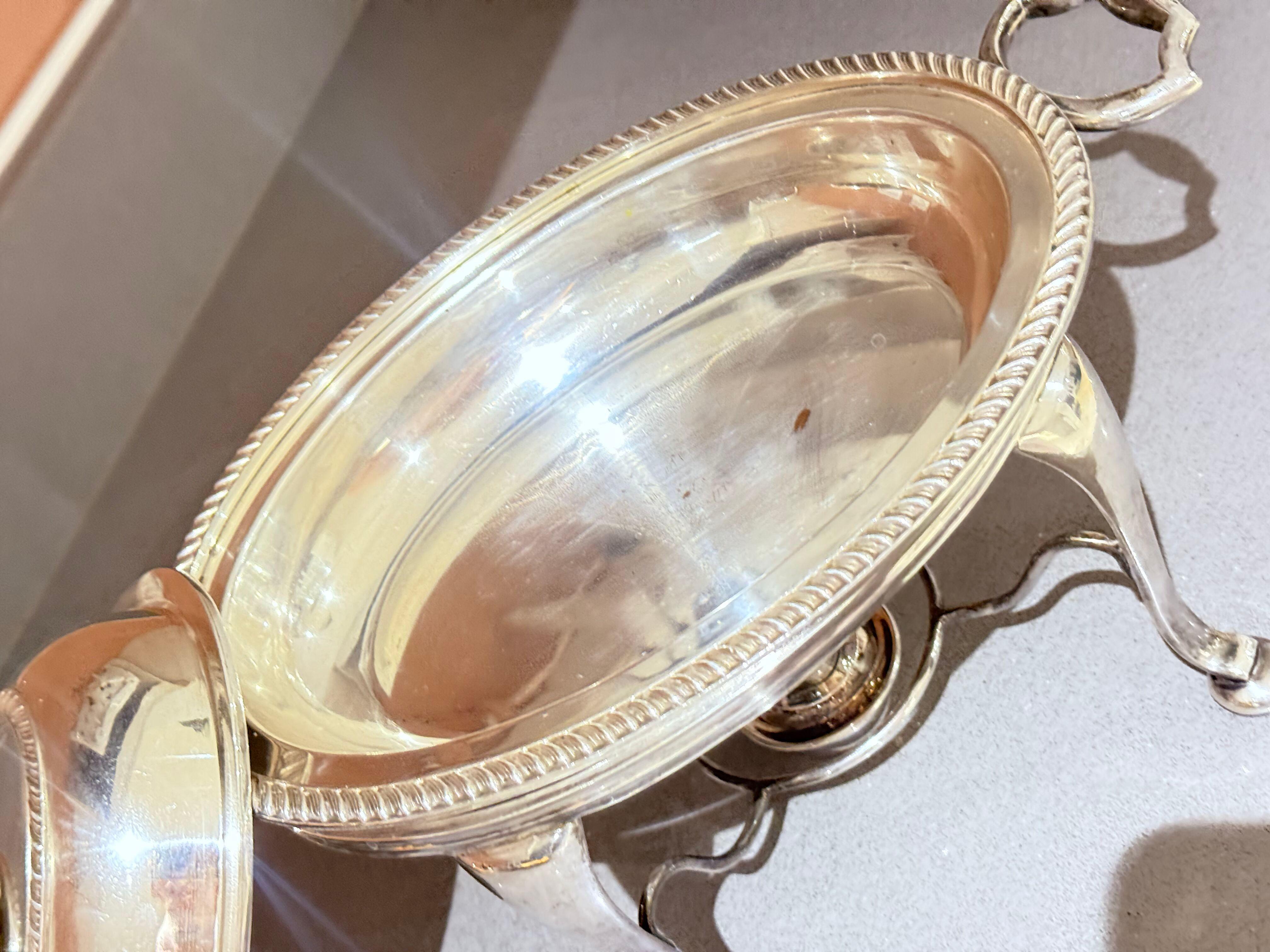 Brushed Antique English Silver-Plated Chafing Dish with Burner, Victorian Luxury Home For Sale