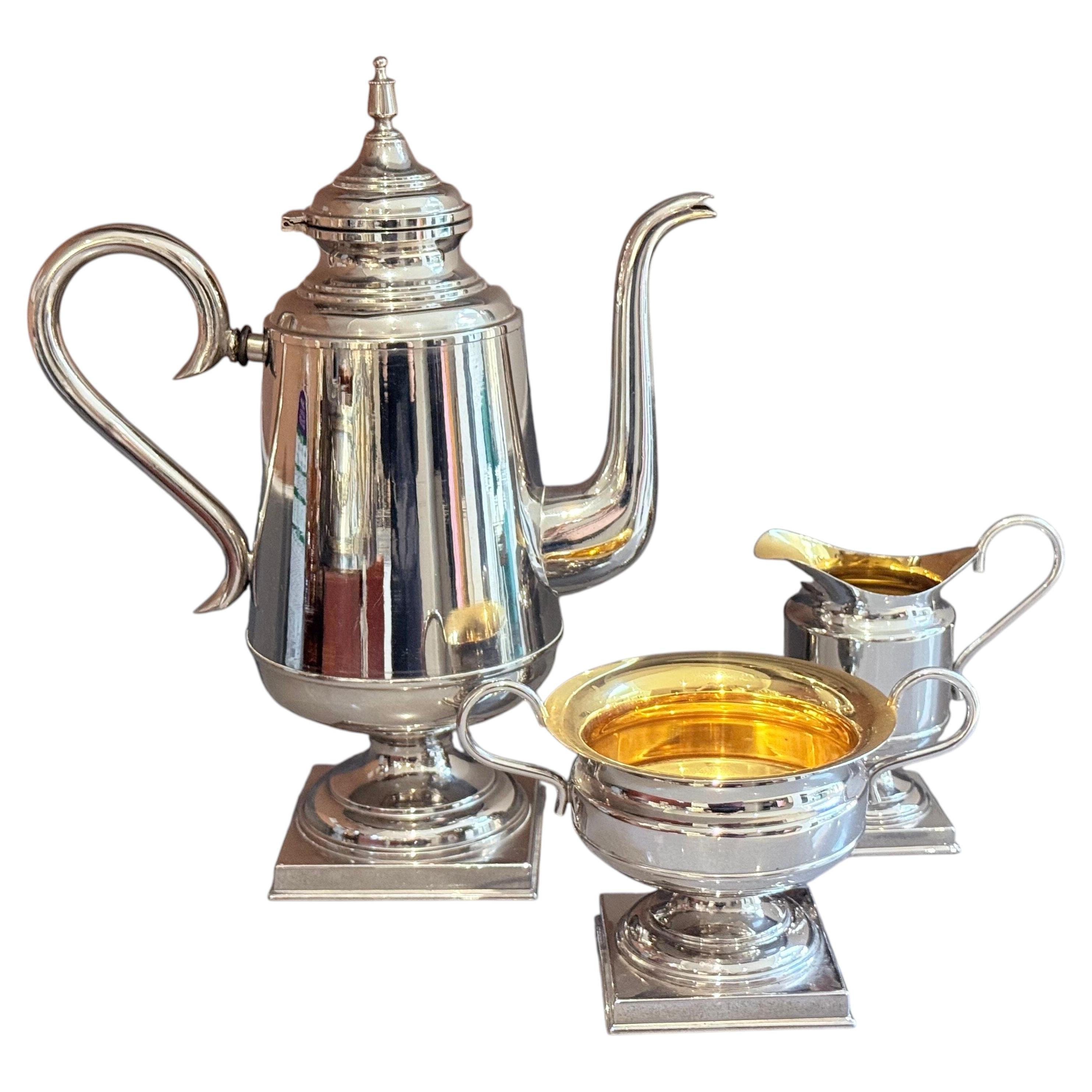Antique English Silver-Plated Coffee Set – 3 Piece Tea Service Pot Sugar Bowl