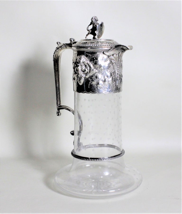 Crystal Glass Diamond Cut & Silverplated Top Lid, Handle Claret Jug Ewer  Decanter Wine Pitcher Circa 1930s-1940s Barware Heavy 